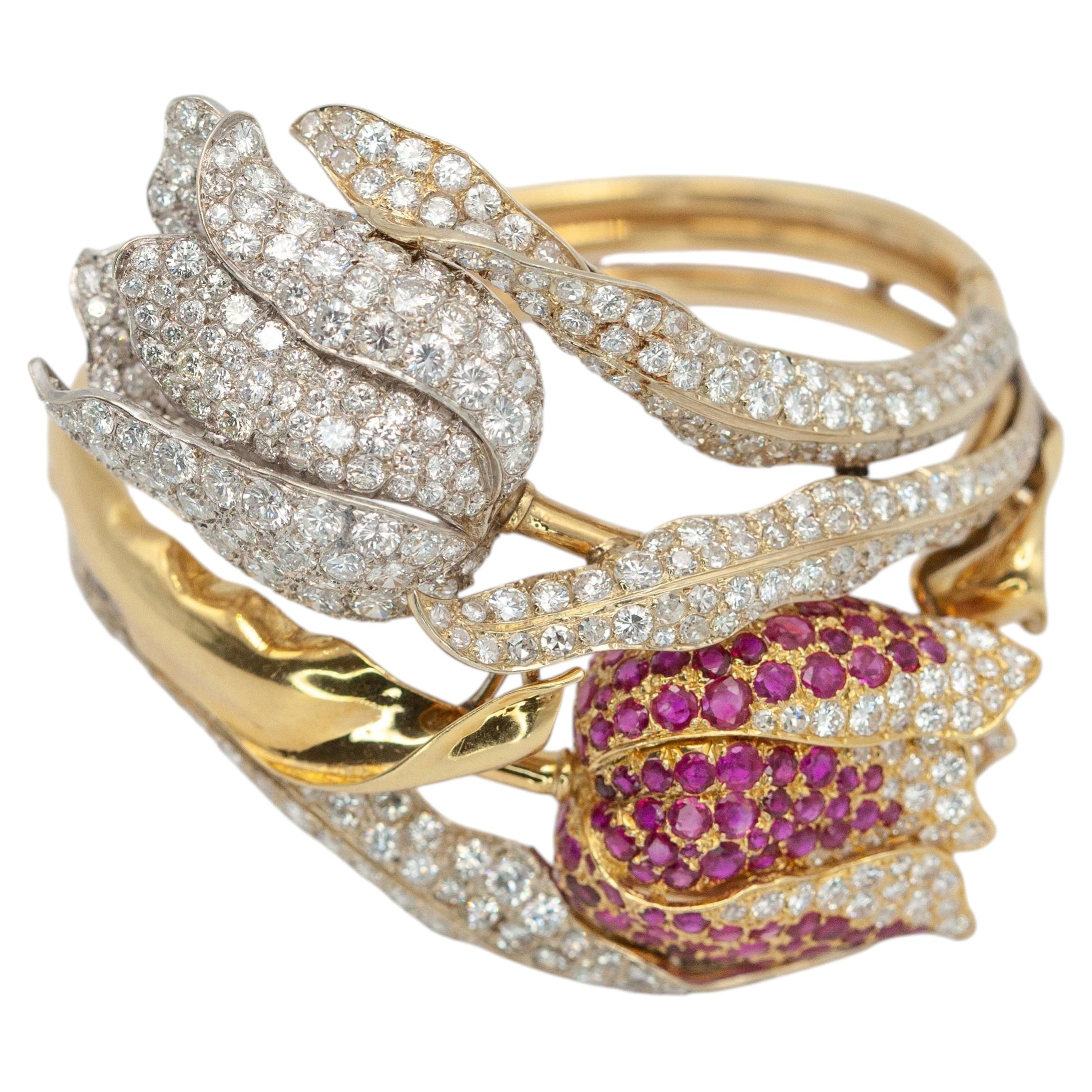 High Jewelry 18K YG 21.5 carat Diamond and 5.0 carat Ruby Double Tulip Bracelet