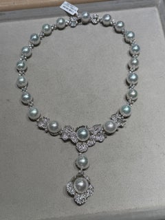 South Sea Pearl Diamond Necklace, 22 Large 14mm Pearls, 18K White Gold