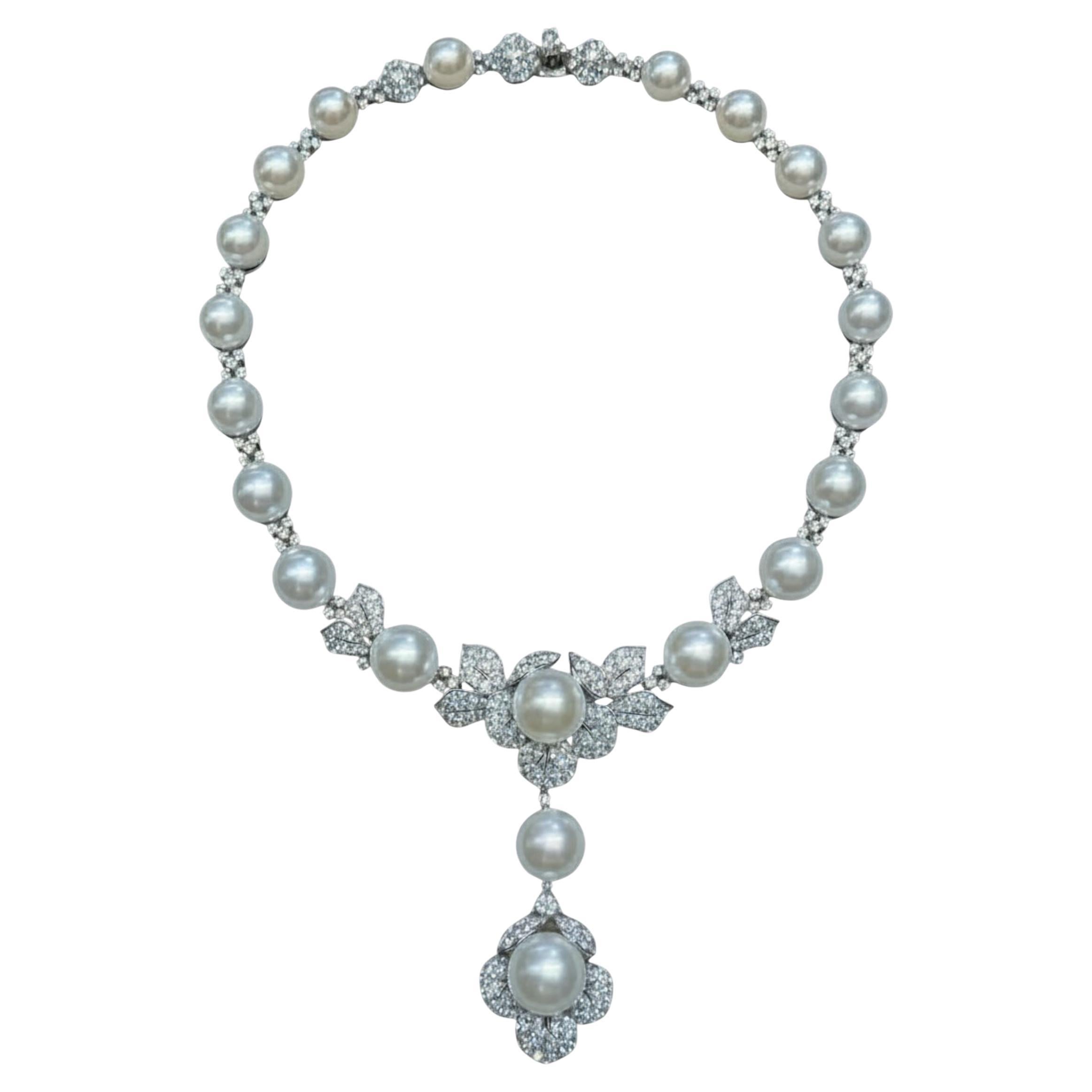 High Jewelry South Sea Pearl 
Diamond Statement Necklace 18K White Gold 13.0ct For Sale
