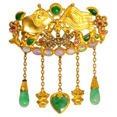 High Karat Gold Multi Color Gemstone Seed Pearl Brooch