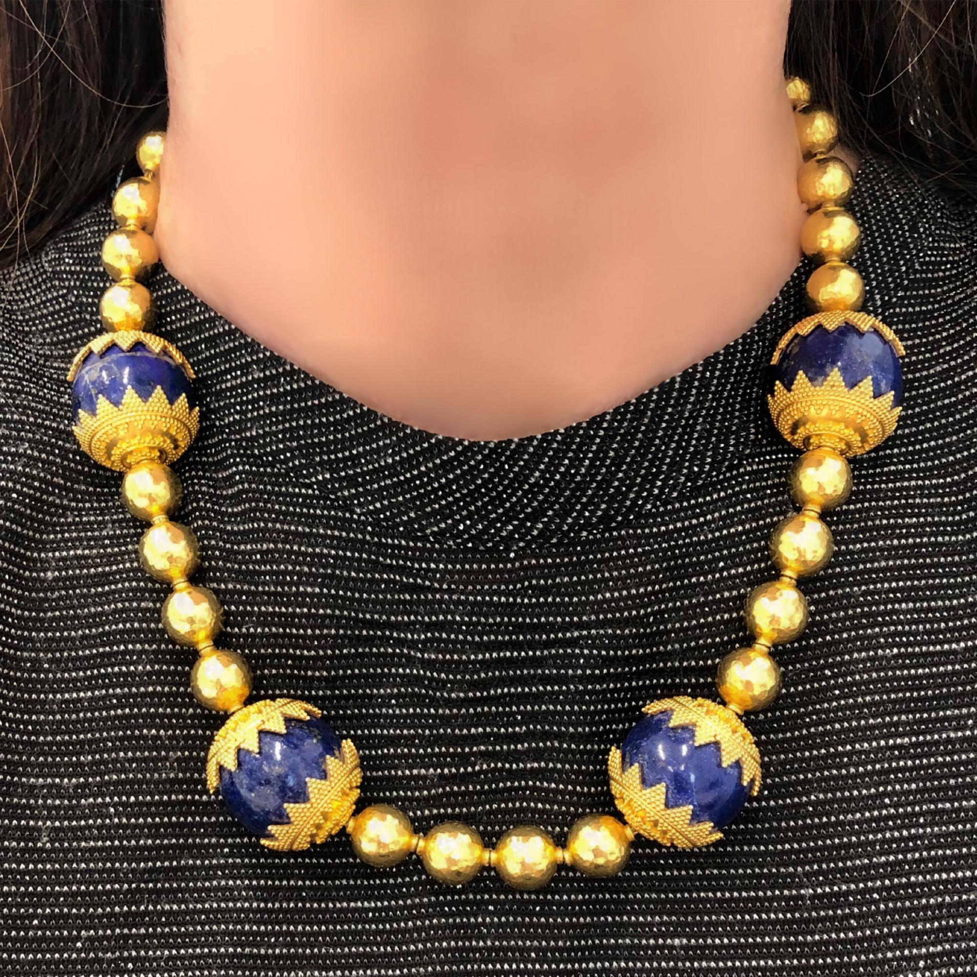 Women's or Men's High Karat Gold Necklace with Lapis Lazuli Beads CA 1970 For Sale