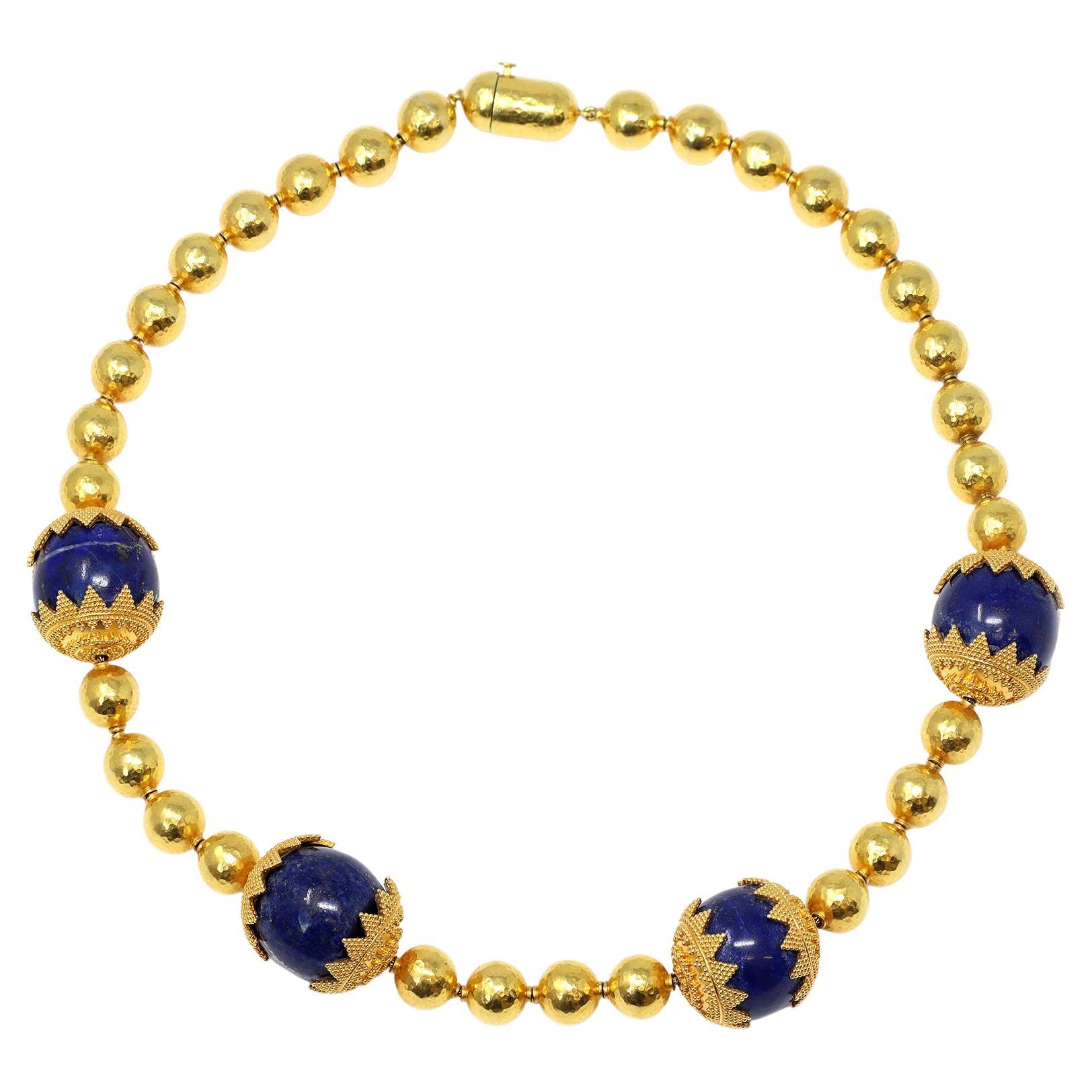 High Karat Gold Necklace with Lapis Lazuli Beads CA 1970 For Sale