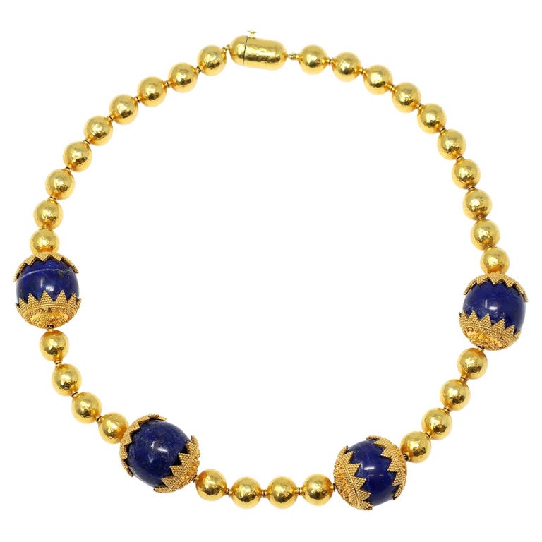Collier Vintage Lapis-Lazuli Et Or 18K - Italie Années 70, Longueur 43.5 Cm