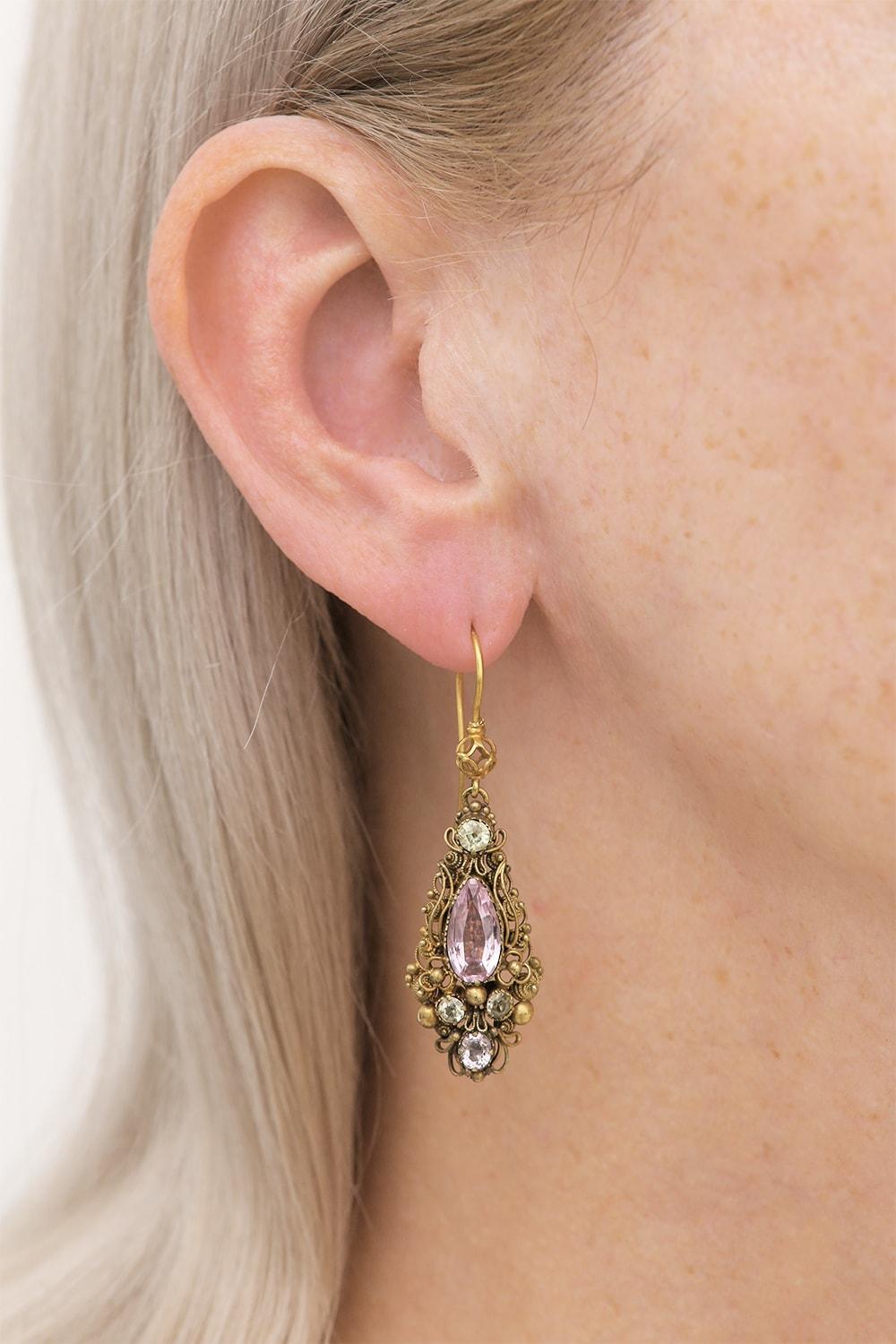 High Karat Yellow Gold Georgian Pink Topaz and Chrysoberyl Cannetille Earrings 6