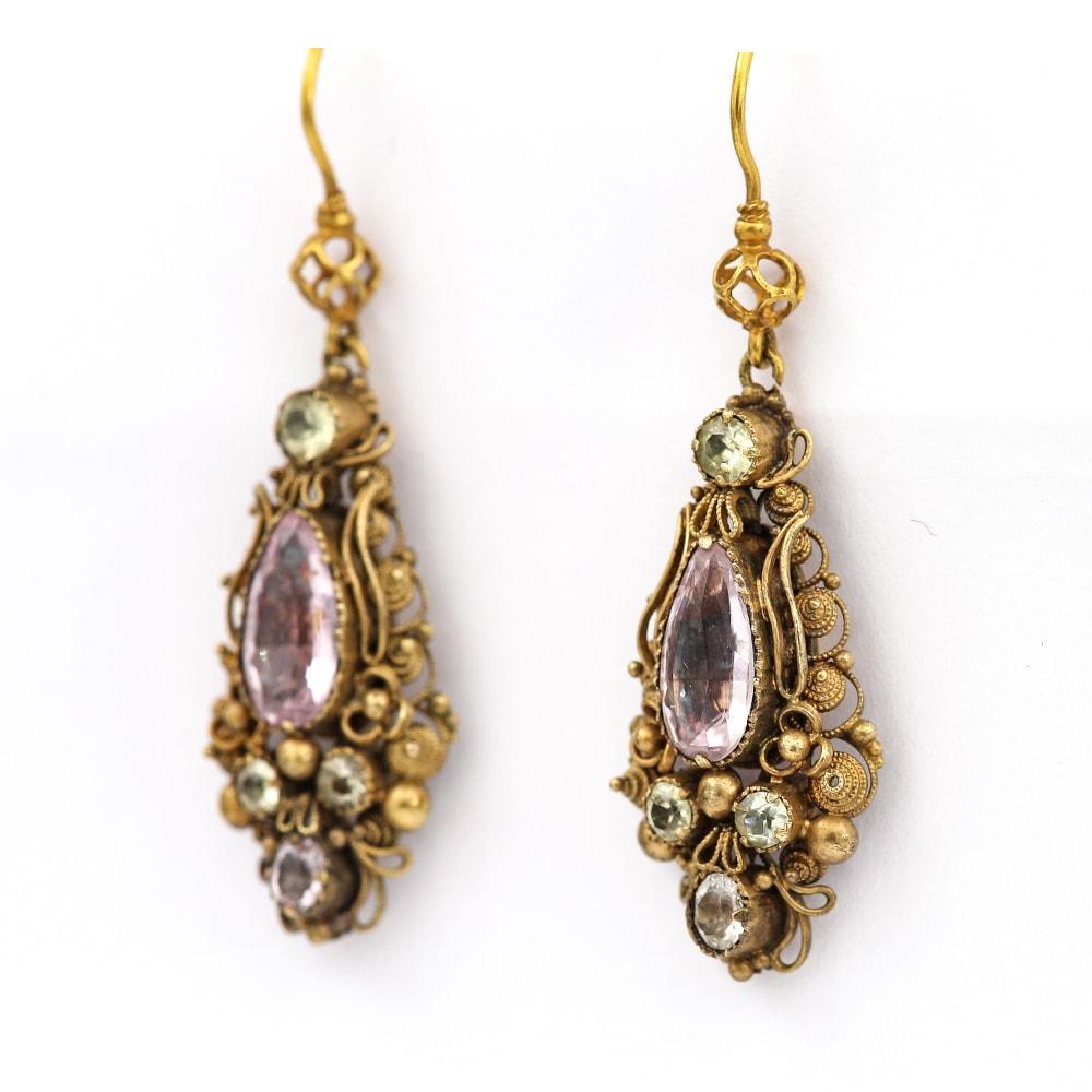 A delicate pair of Georgian gold, pink topaz and chrysoberyl cannetille earrings c.1825, the earrings designed with a central oval pink topaz set within a highly ornate gold cannetille surround, three round cut chrysoberyls and an oval cut pink or