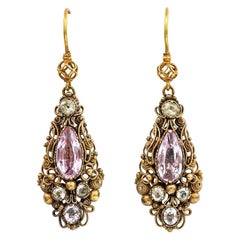 Antique High Karat Yellow Gold Georgian Pink Topaz and Chrysoberyl Cannetille Earrings