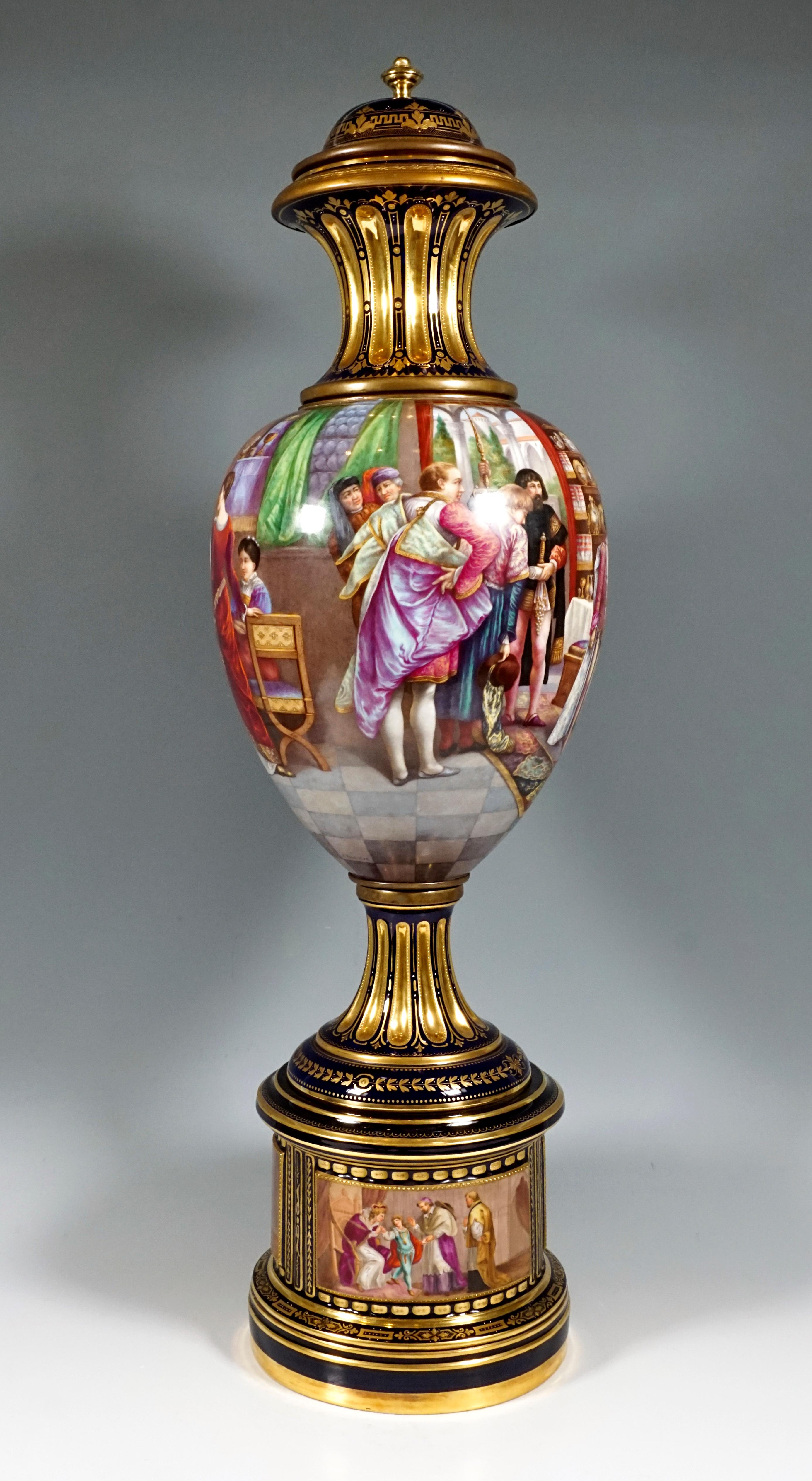 Romantic High KPM Berlin Lidded Porcelain Vase with Colourfully Painted Scenery ca 1918