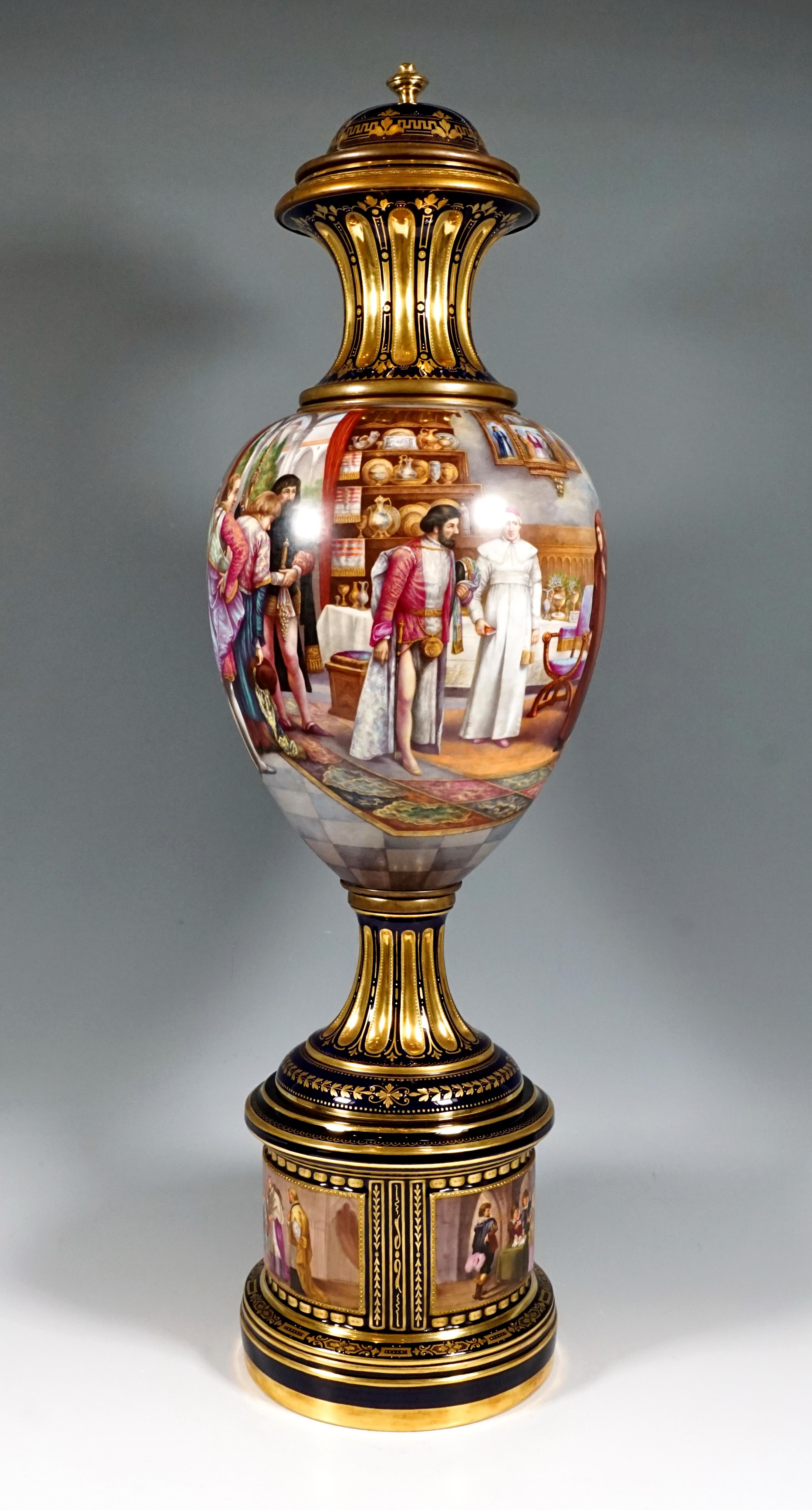 Hohe Porzellanvase mit Deckel der KPM Berlin mit bunt bemalter Landschaft um 1918 (Deutsch)