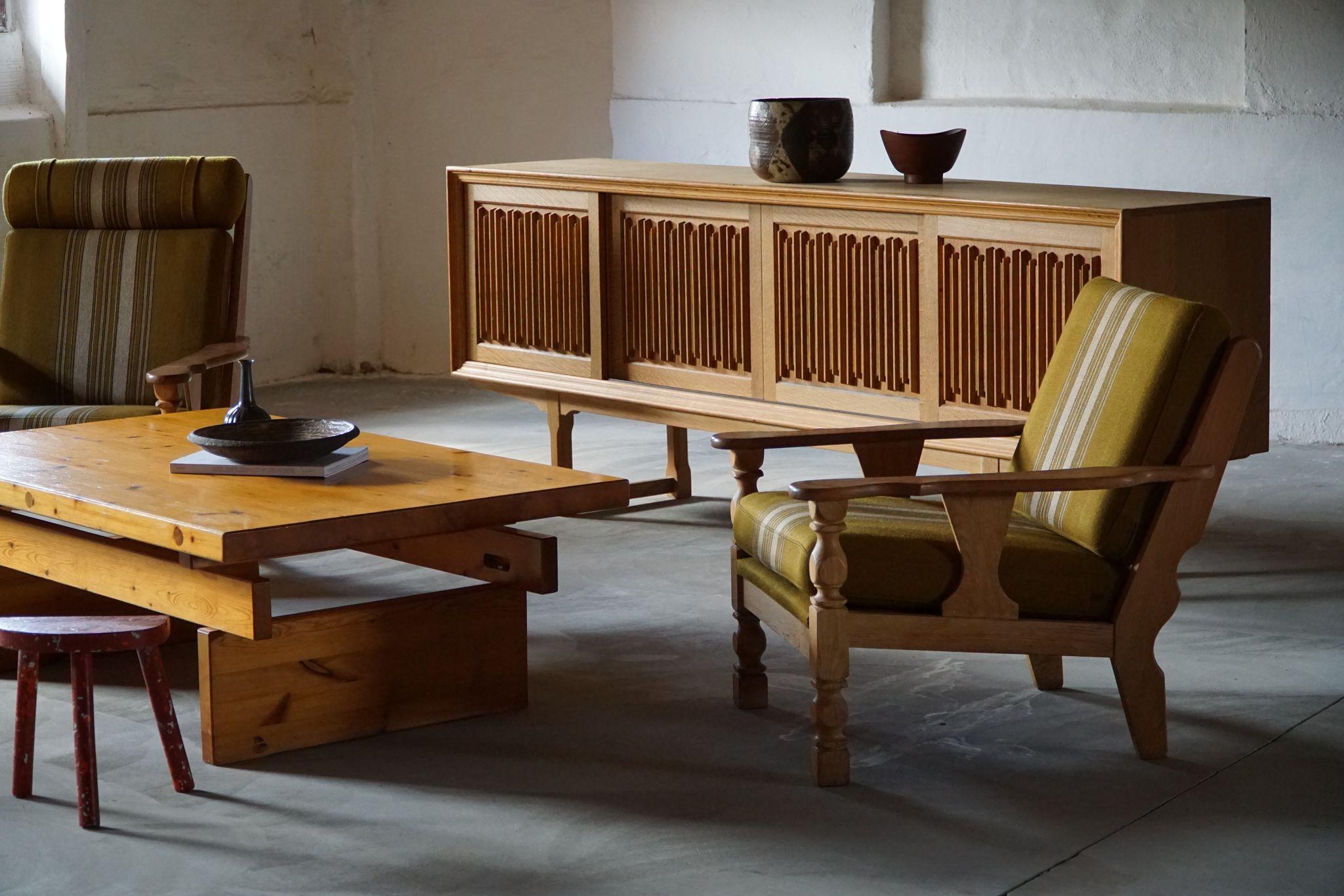 High & Low Back Pair of Easy Chairs in Solid Oak, Henning Kjærnulf Style, 1960s 4