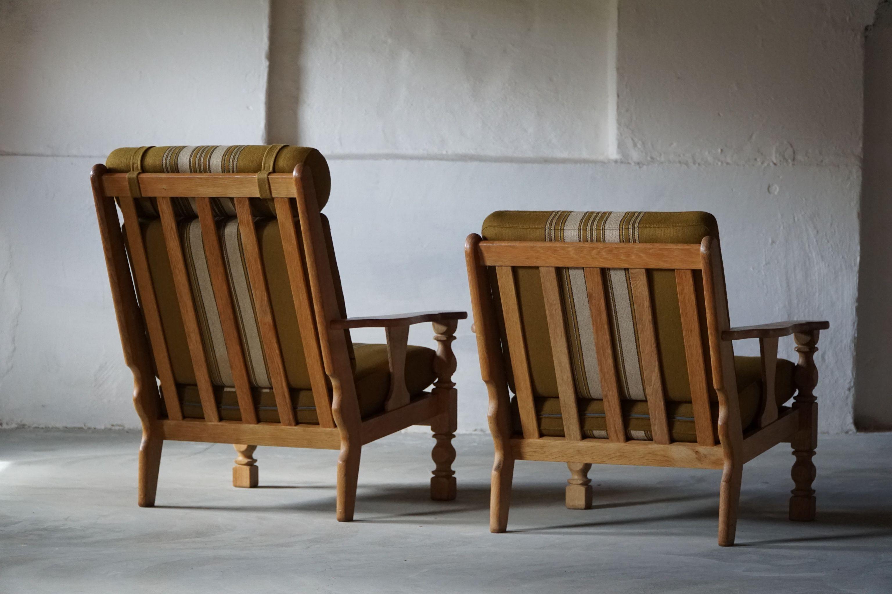 High & Low Back Pair of Easy Chairs in Solid Oak, Henning Kjærnulf Style, 1960s 6