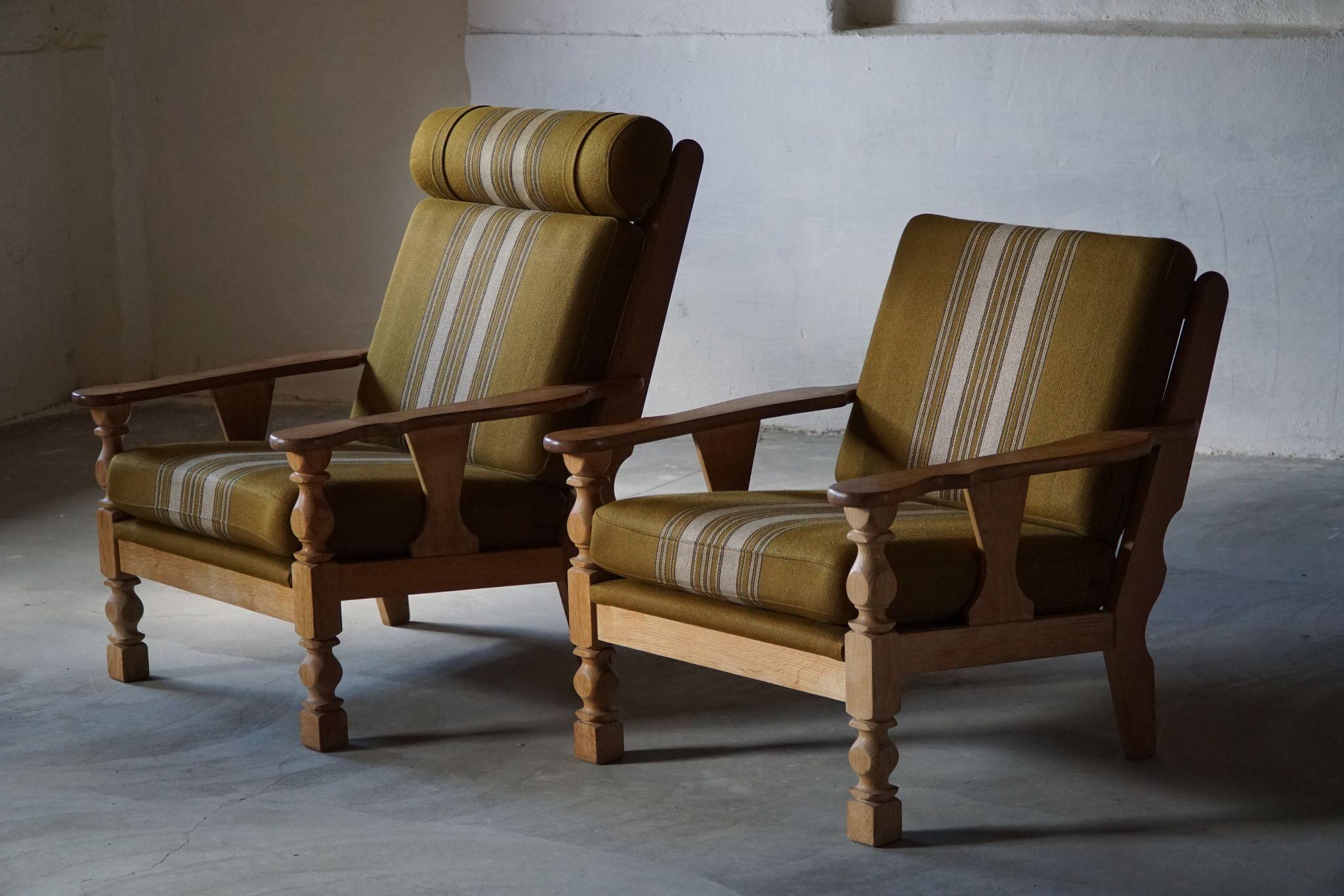 High & Low Back Pair of Easy Chairs in Solid Oak, Henning Kjærnulf Style, 1960s 9