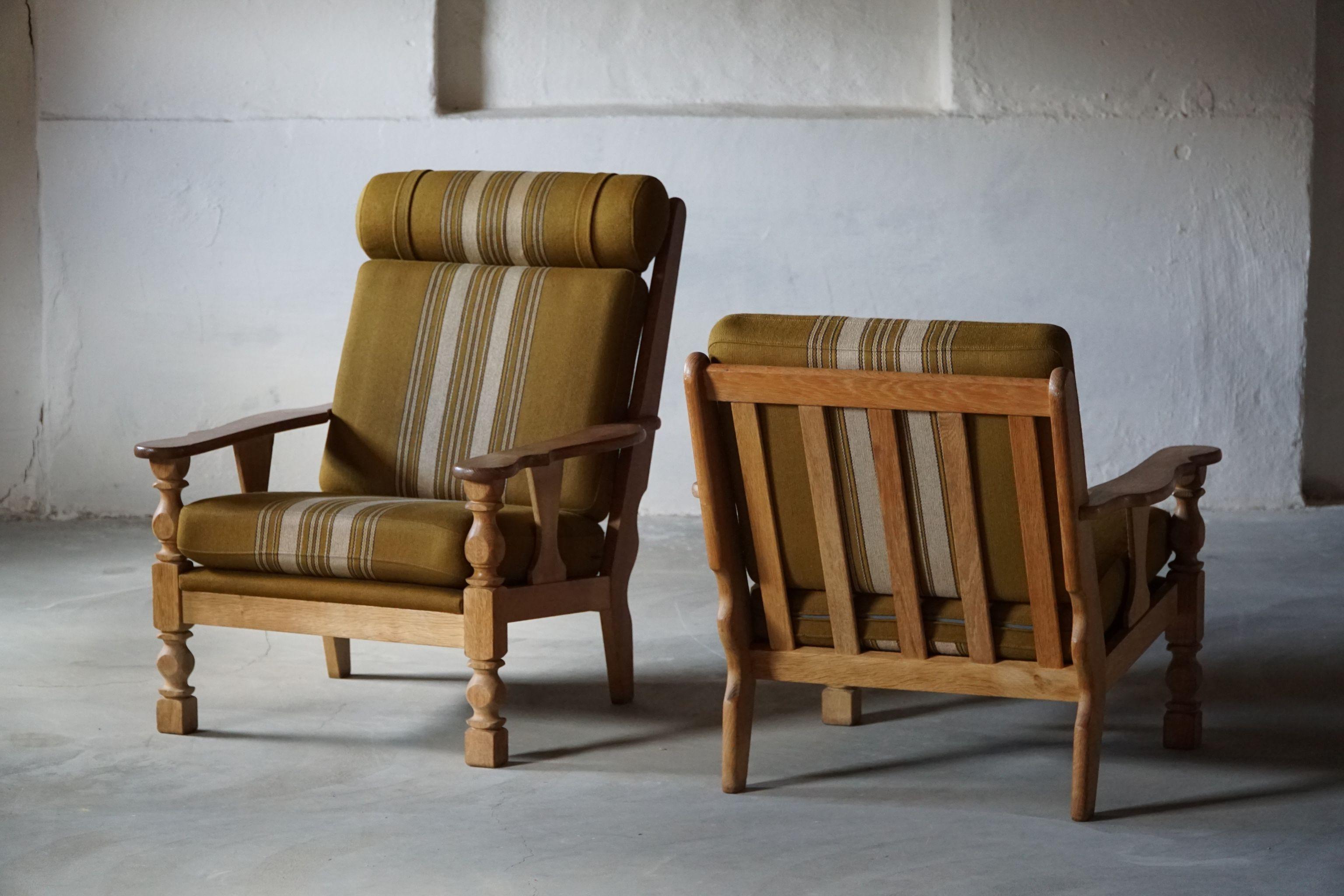 20th Century High & Low Back Pair of Easy Chairs in Solid Oak, Henning Kjærnulf Style, 1960s