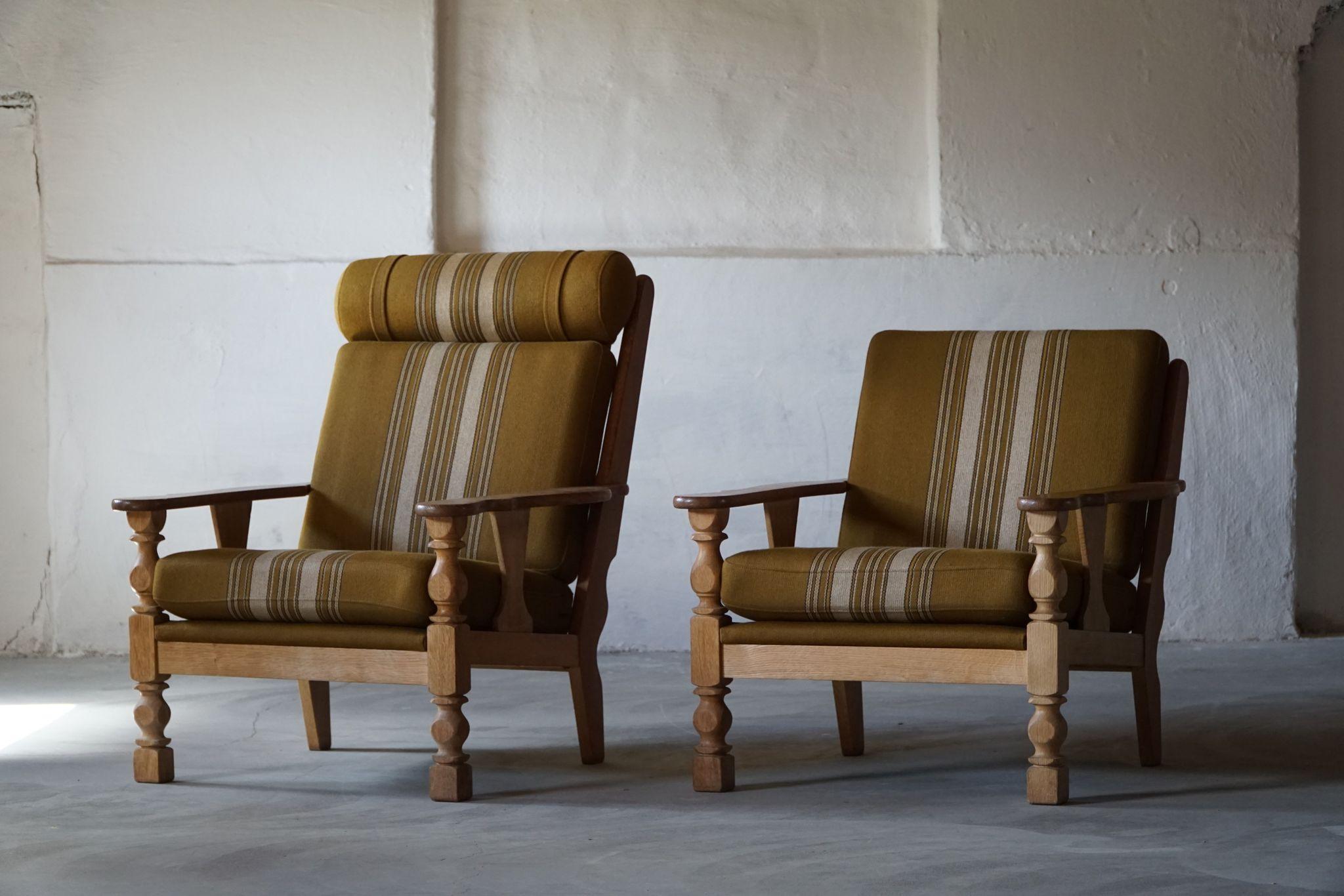 High & Low Back Pair of Easy Chairs in Solid Oak, Henning Kjærnulf Style, 1960s 3