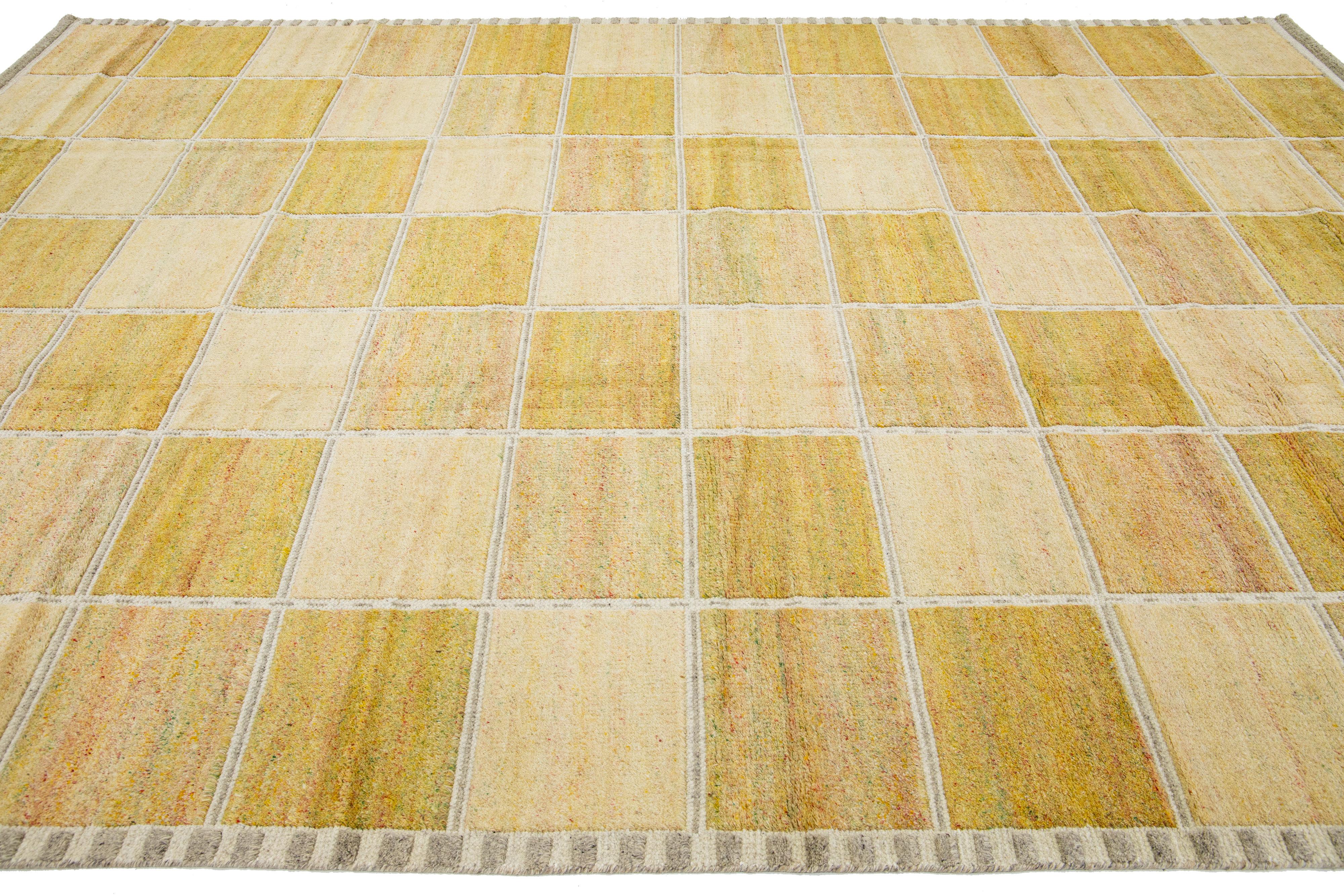 Hand-Knotted  High-low Contemporary Scandinavian Style Wool Rug In Yellow and Beige Tones For Sale