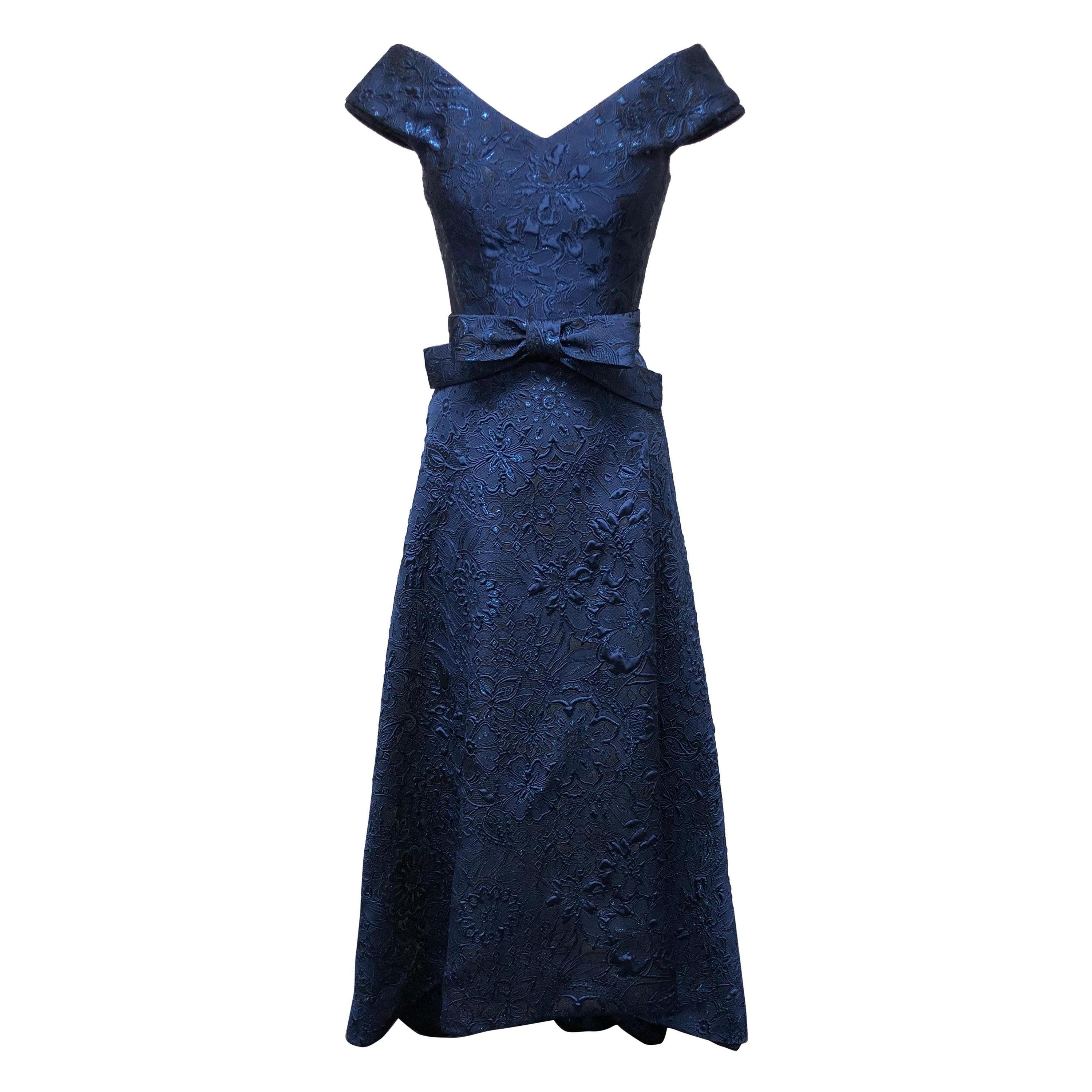 High Low Royal Blue French Brocade Portrait V Neck Gown with Matching Bow Belt For Sale