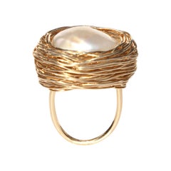 High Luster Pearl in Yellow Gold Wire Statement Ring by Sheila Westera