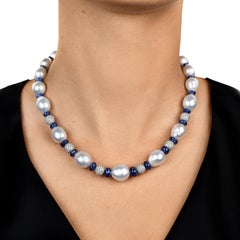 High Lustrous Pearl 5 Carats Diamond Balls Sapphire Bead Gold Necklace
