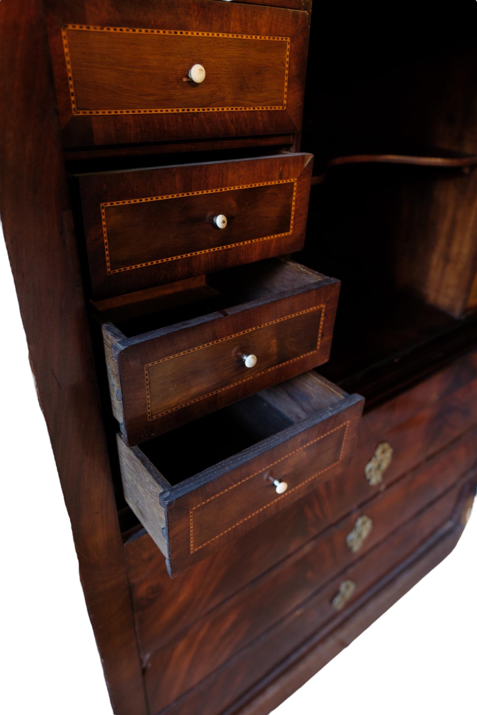 Danish High mahogany secretary with marquetry and brass fittings from around the 1840s For Sale