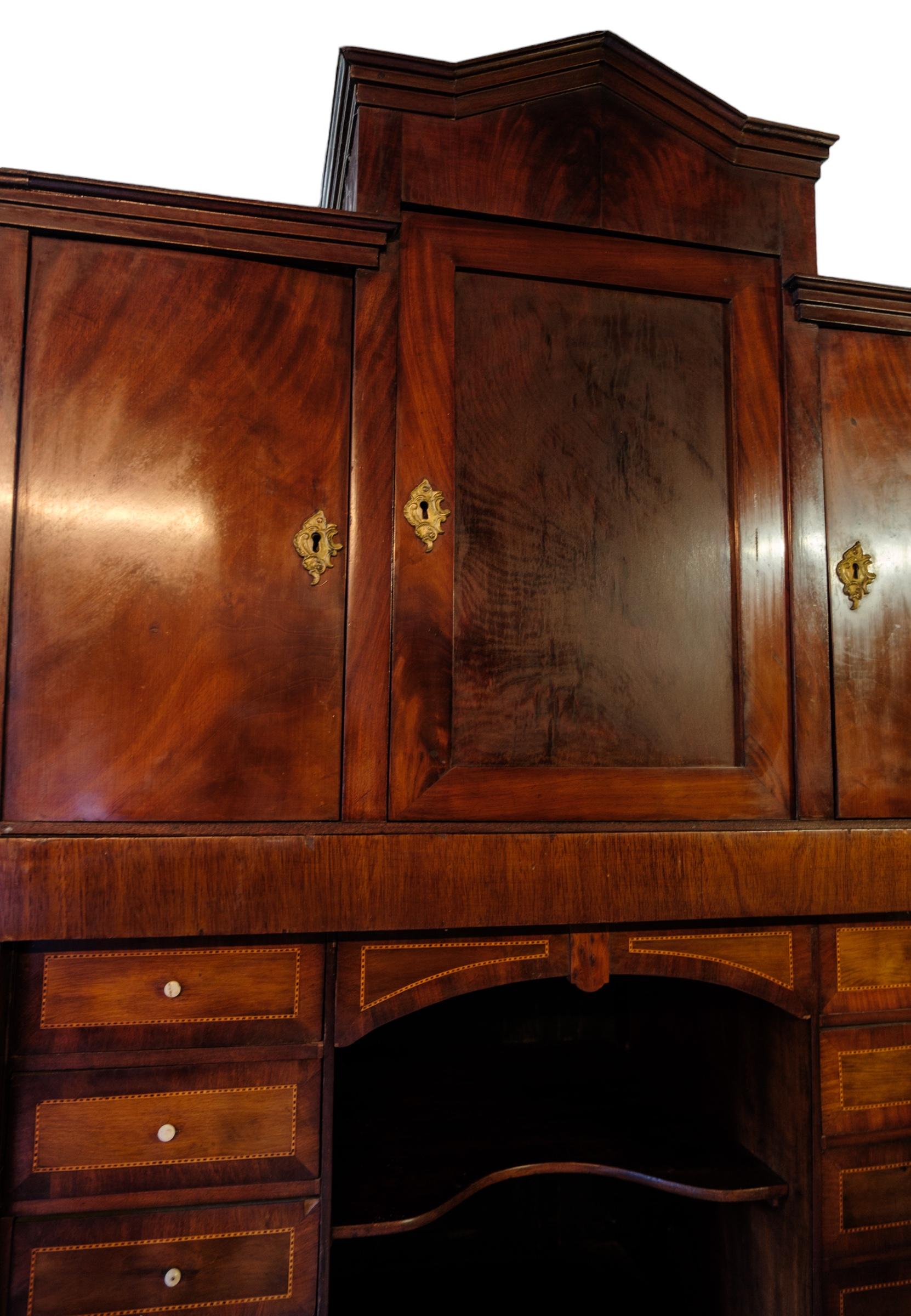 Mid-19th Century High mahogany secretary with marquetry and brass fittings from around the 1840s For Sale