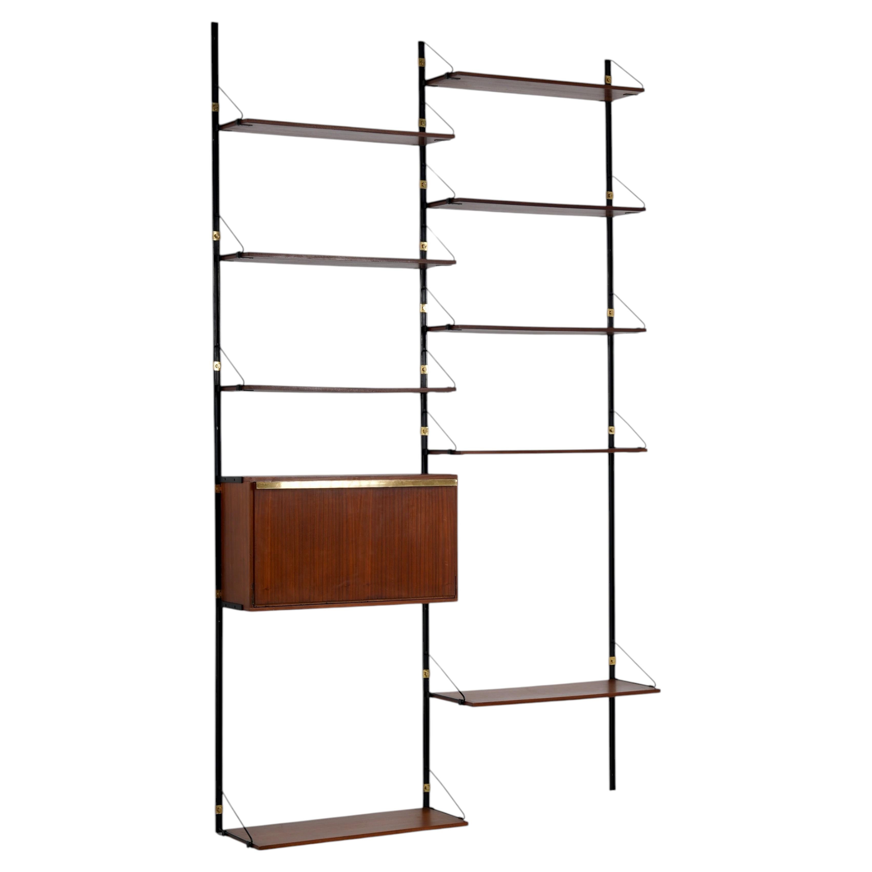 High modular Wall Unit with Dry Bar in Wood, Metal and Brass, Italy, 1960's