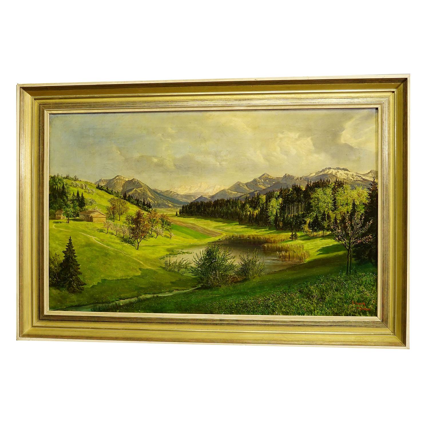 High mountain grass landscape with Alpine Lake in Bavaria, circa 1930s

A large impressionistic oil painting depicting a meadow landscape with mountain lake and farmers courtyard in front the Chiemgauer Alps in Bavaria. Oil painting on canvas with