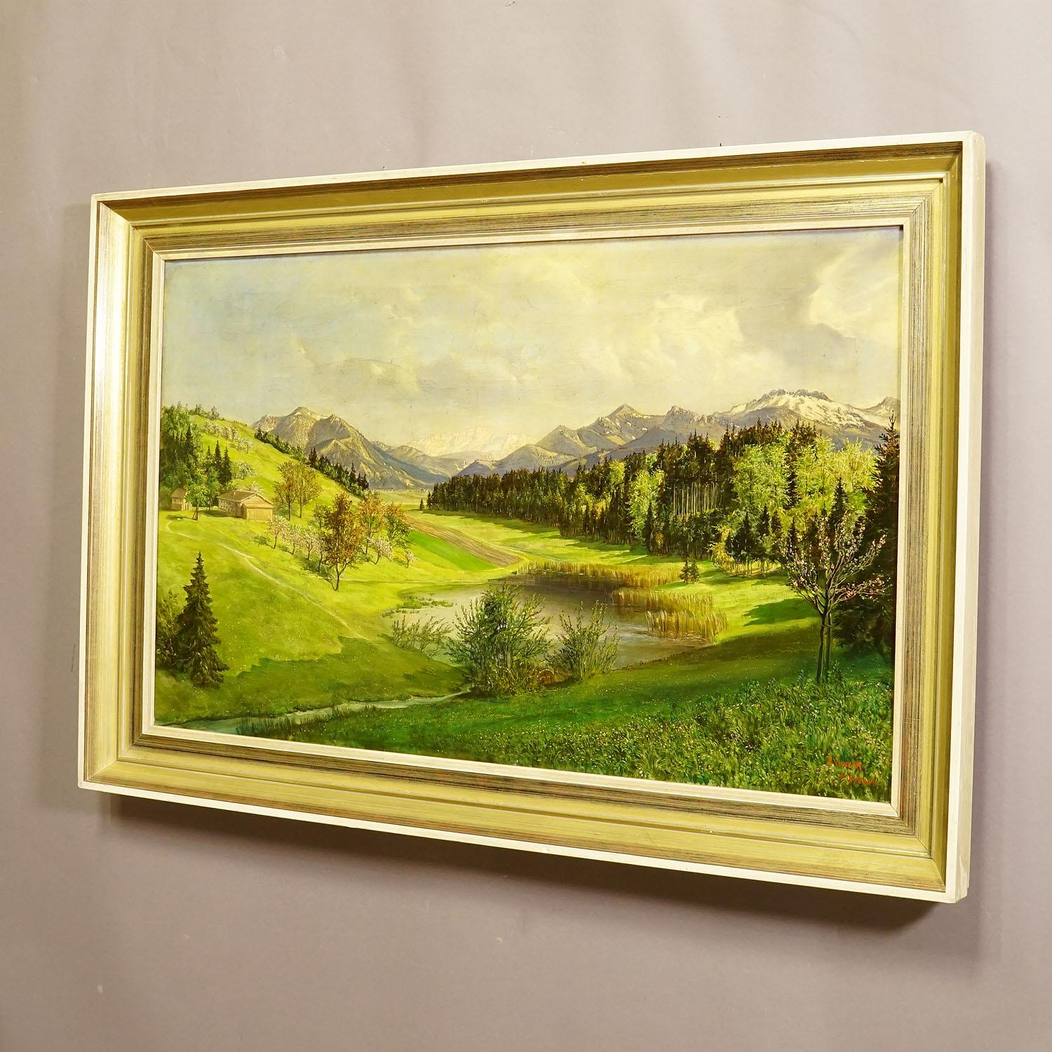 Biedermeier High Mountain Grass Landscape with Alpine Lake in Bavaria, circa 1930s For Sale