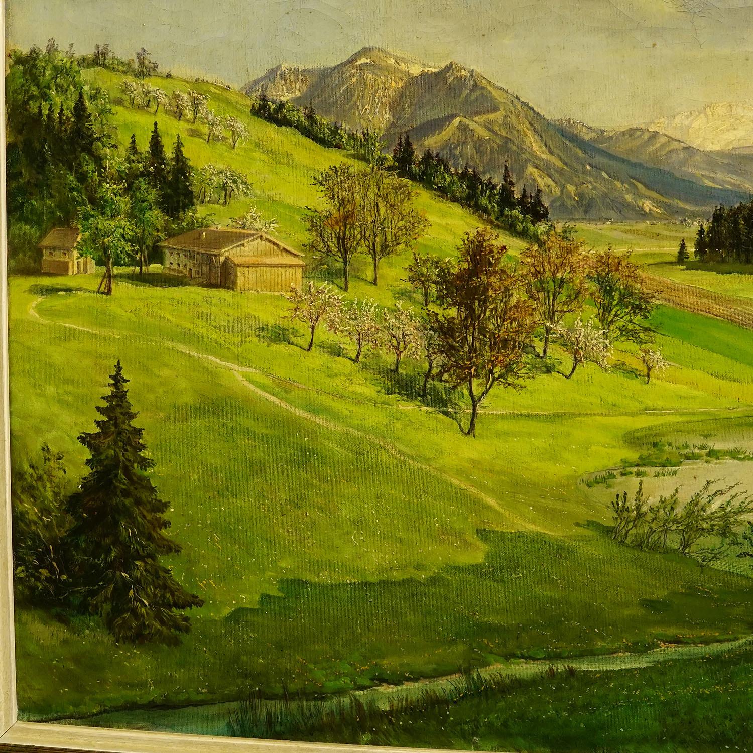 Painted High Mountain Grass Landscape with Alpine Lake in Bavaria, circa 1930s For Sale