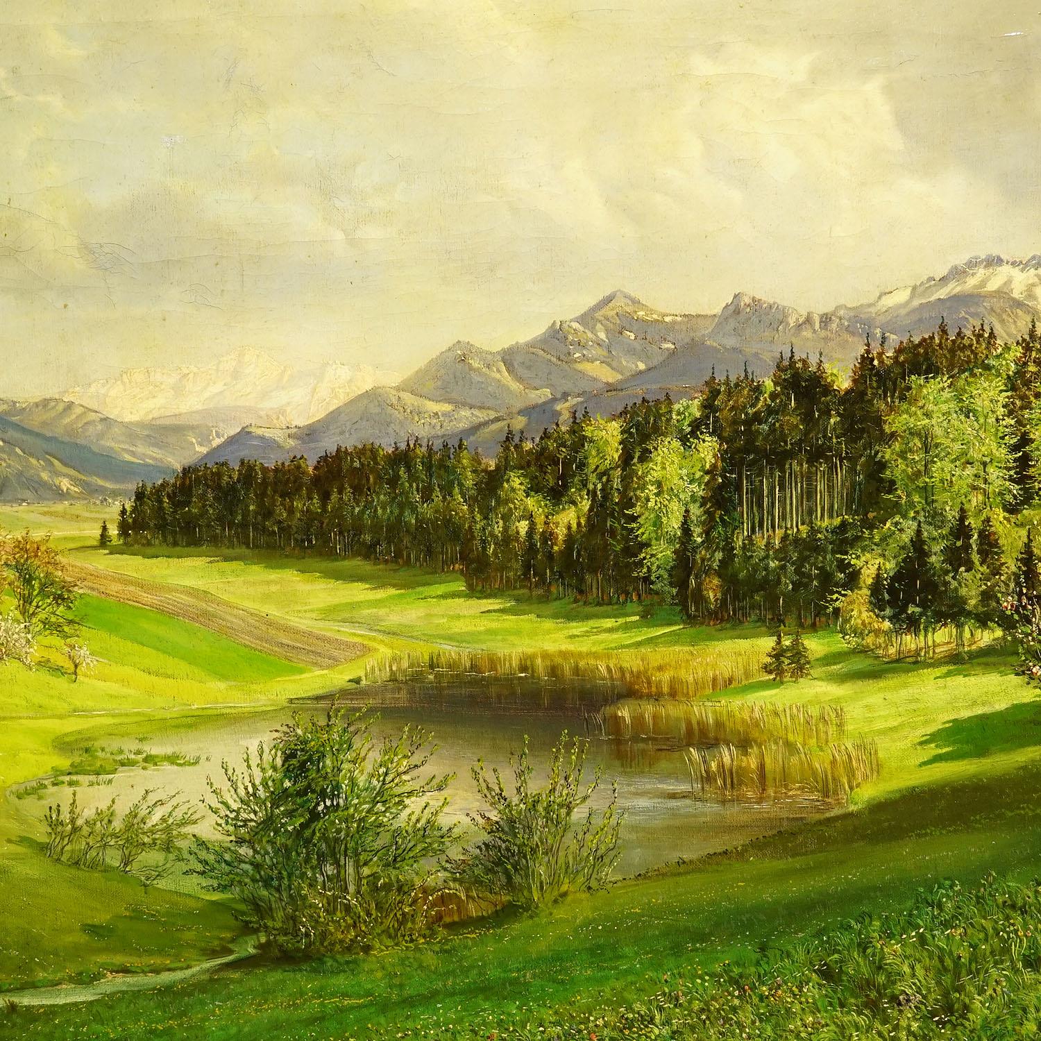 Hochgebirge Graslandschaft mit Alpinsee in Bayern, ca. 1930er Jahre (Gemalt)