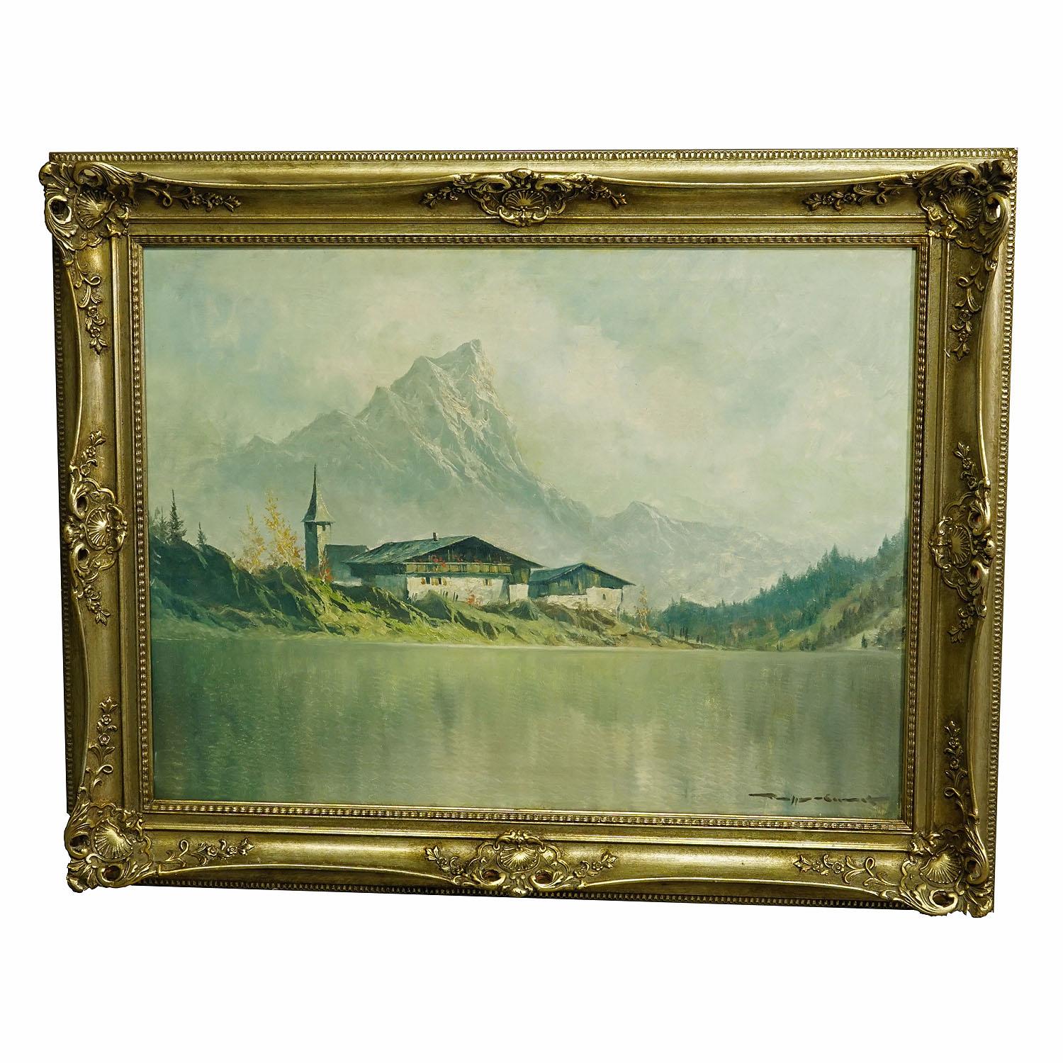 High Mountain Landscape with Alpine Lake near Kufstein, circa 1950s

A large impressionistic oil painting depicting a high mountain landscape with mountain lake and folksy mountain hut in front of the imperial mountains (Kaisergebirge) near Kufstein