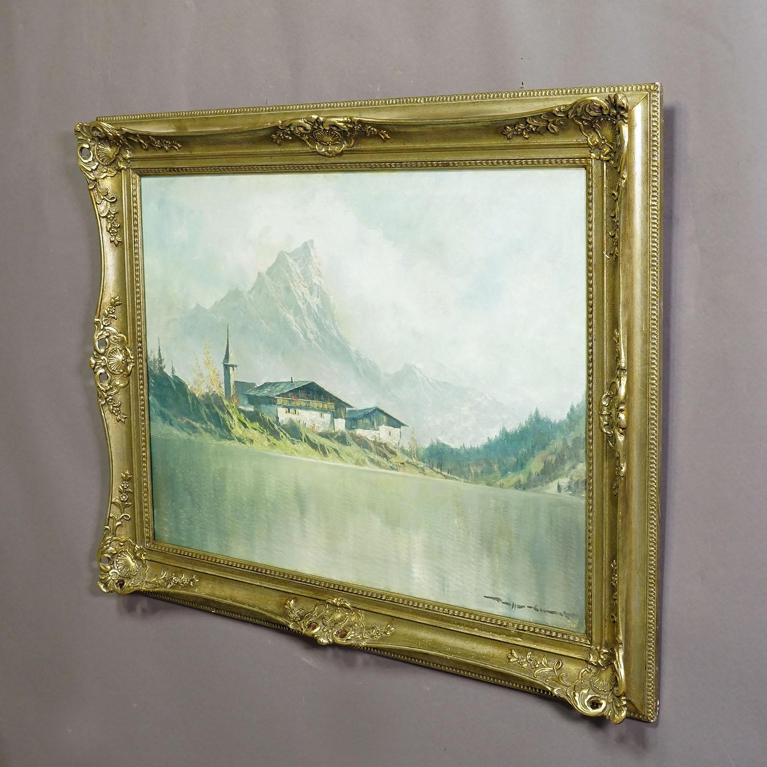 Biedermeier High Mountain Landscape with Alpine Lake near Kufstein, circa 1950s For Sale