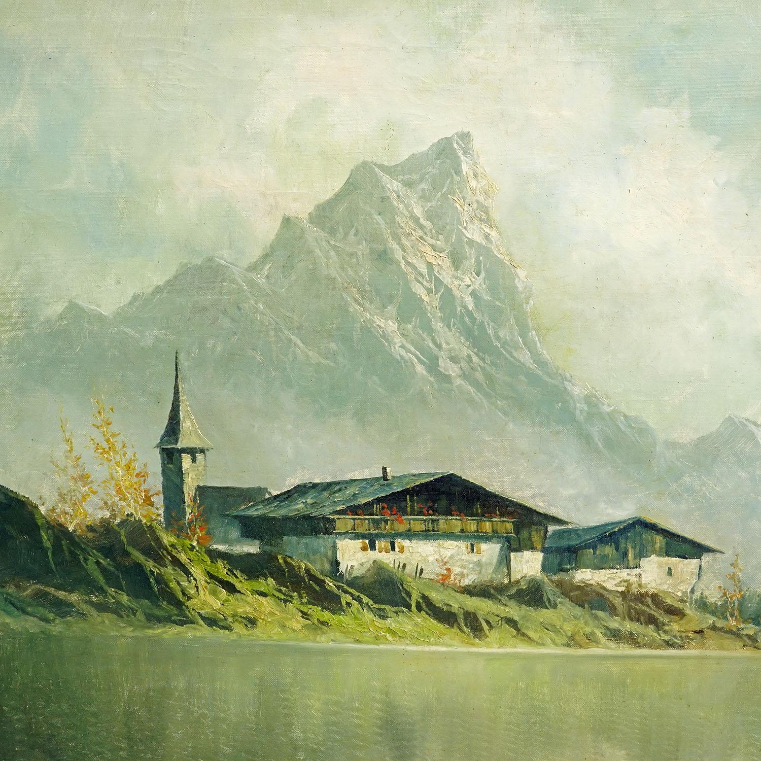 Painted High Mountain Landscape with Alpine Lake near Kufstein, circa 1950s For Sale