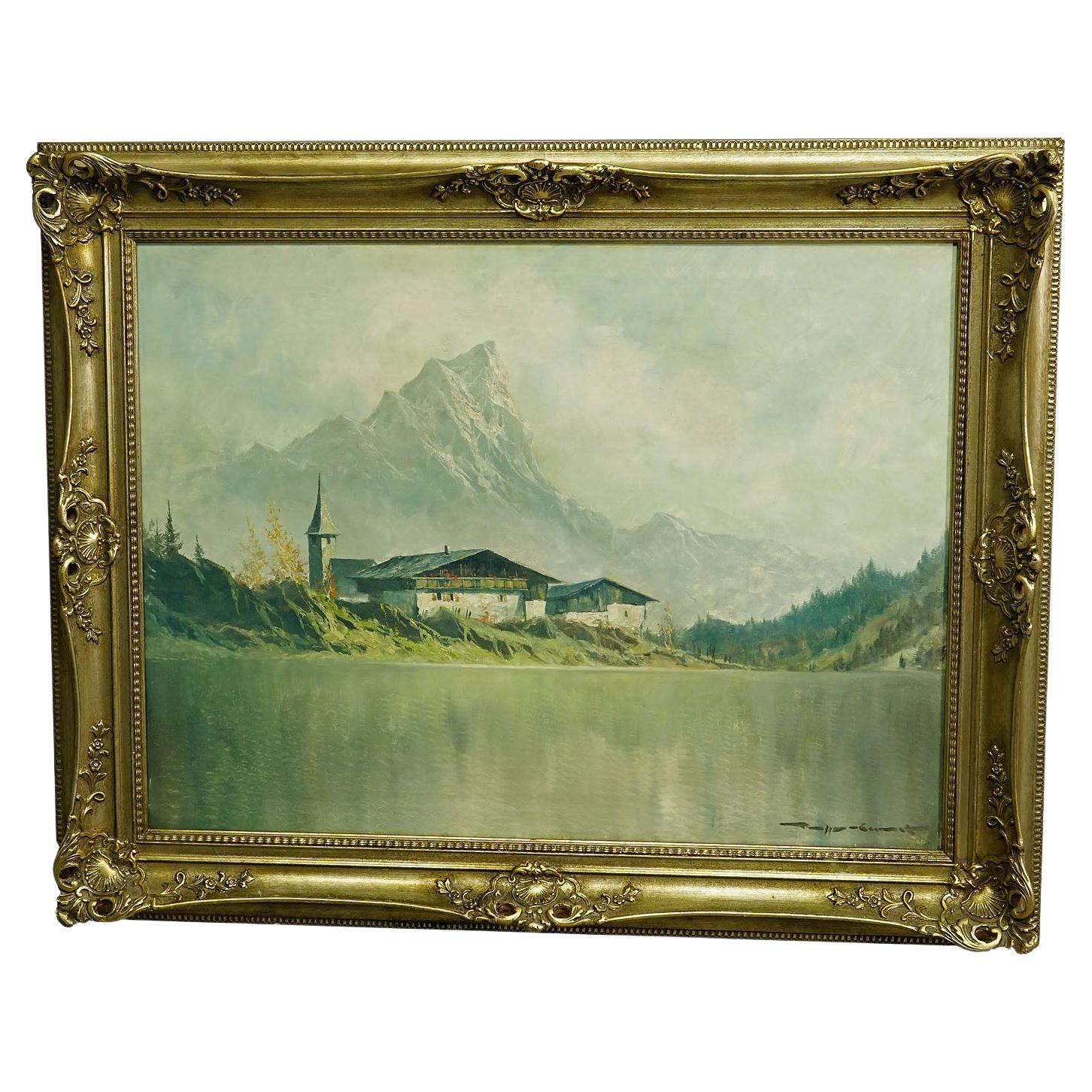 High Mountain Landscape with Alpine Lake near Kufstein, circa 1950s For Sale