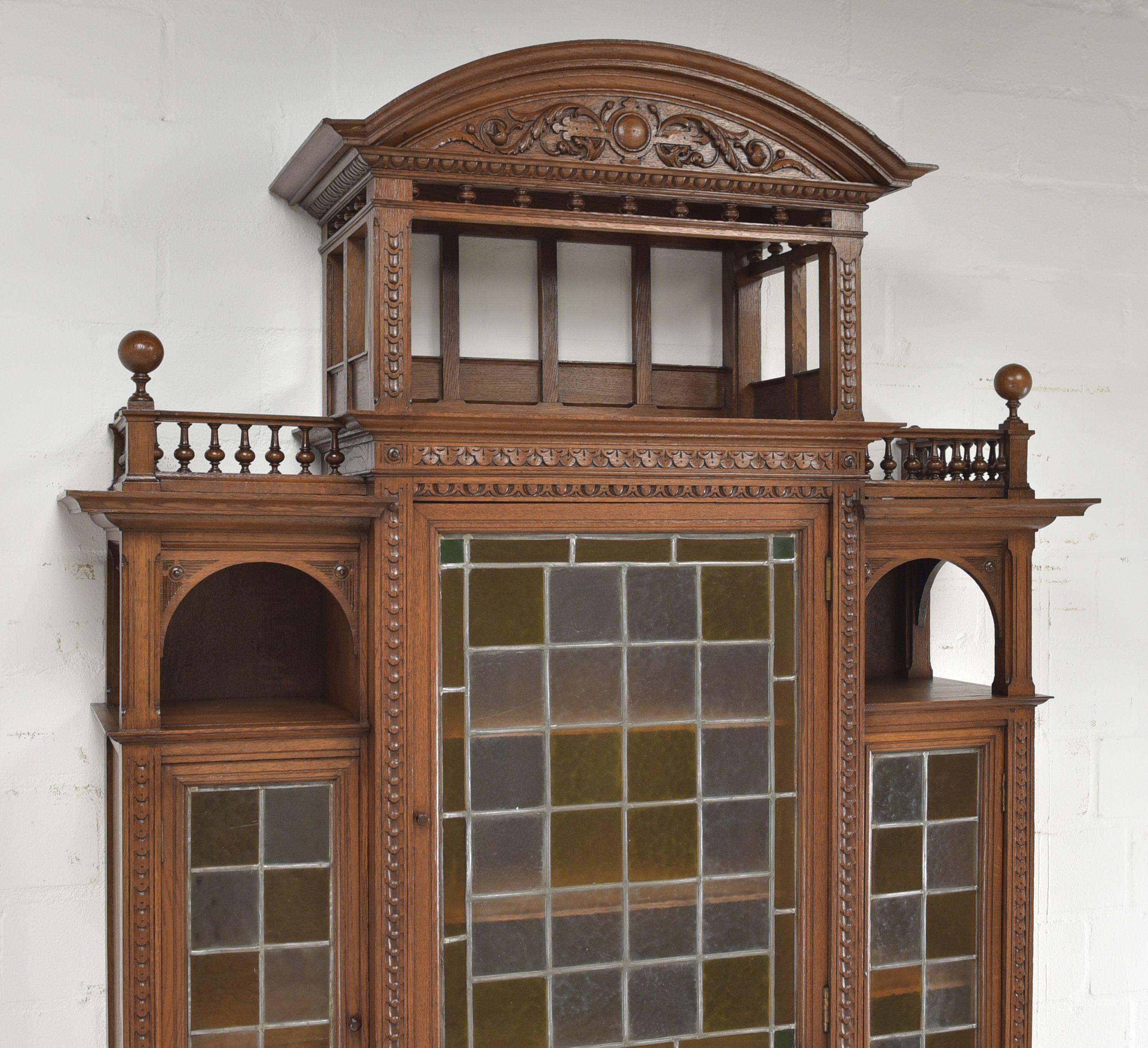 High & Narrow Gründerzeit Buffet Cabinet in Solid Oak, 1900 For Sale 3