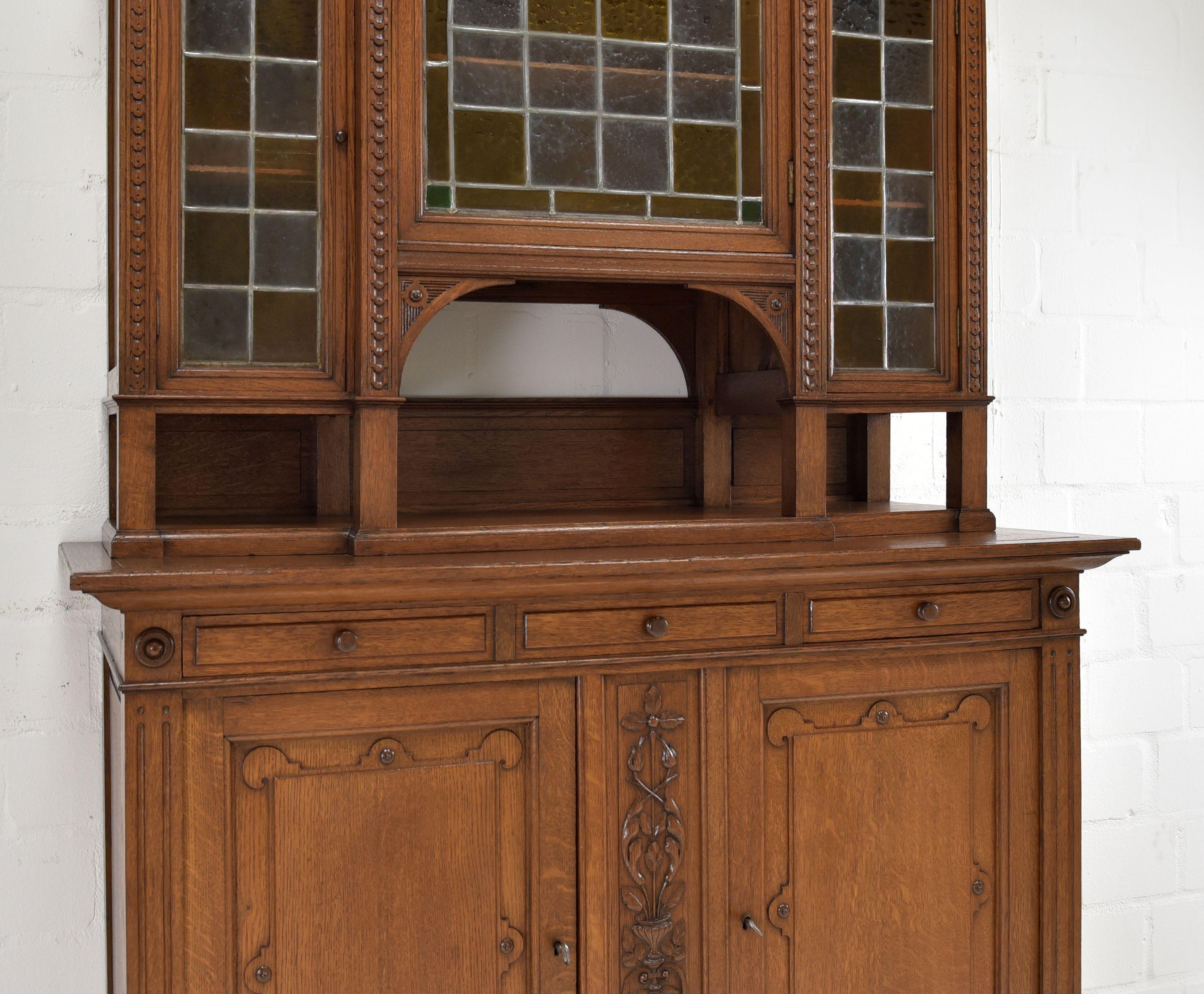 High & Narrow Gründerzeit Buffet Cabinet in Solid Oak, 1900 For Sale 4