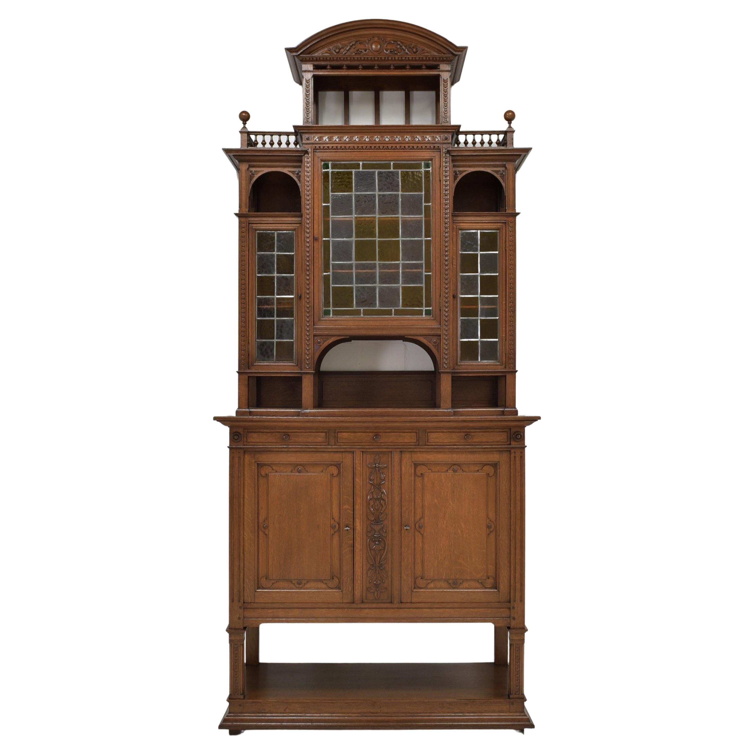 High & Narrow Gründerzeit Buffet Cabinet in Solid Oak, 1900 For Sale