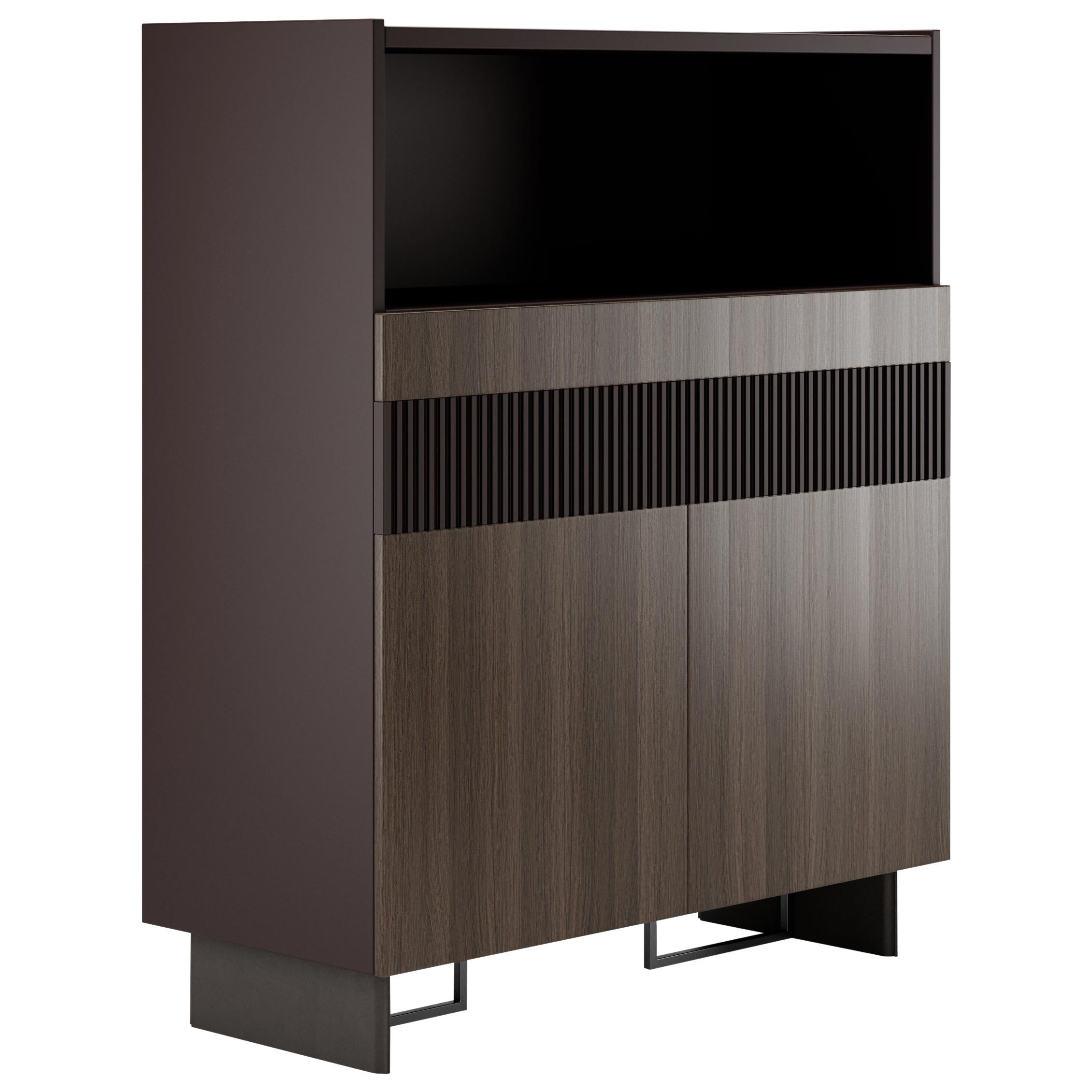 Contemporary Tall Storage Unit Lacquered Case Veneered Drawers and Doors. For Sale