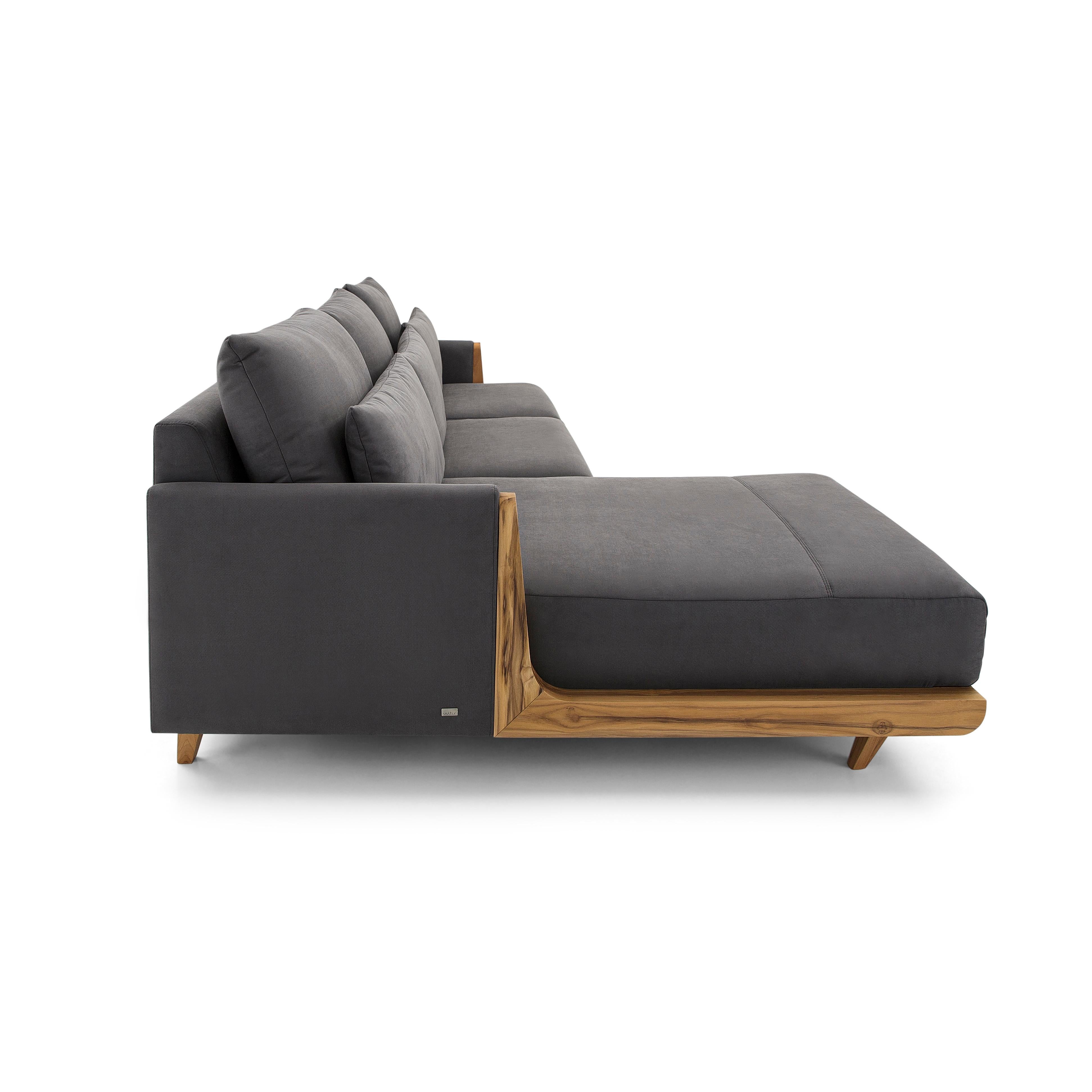 High One-Arm-Sofa und Chaise aus grauem Stoff mit Teakholzrahmen (Brasilianisch) im Angebot