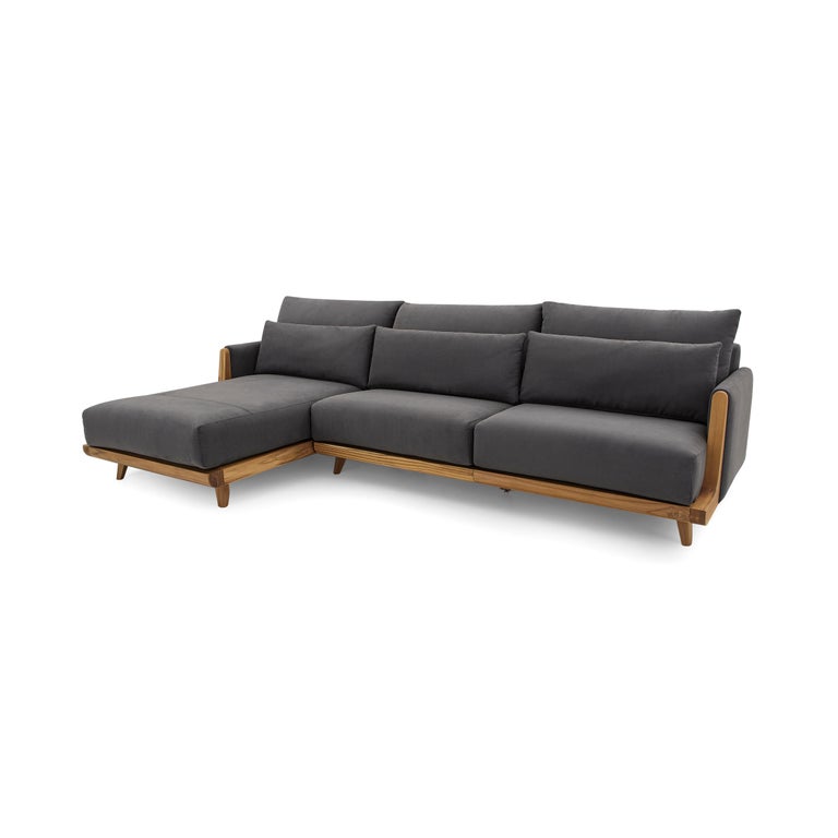 Contemporary High One-Arm Sofa and Chaise in a Gray Fabric w/ Teak Solid Wood Frame For Sale