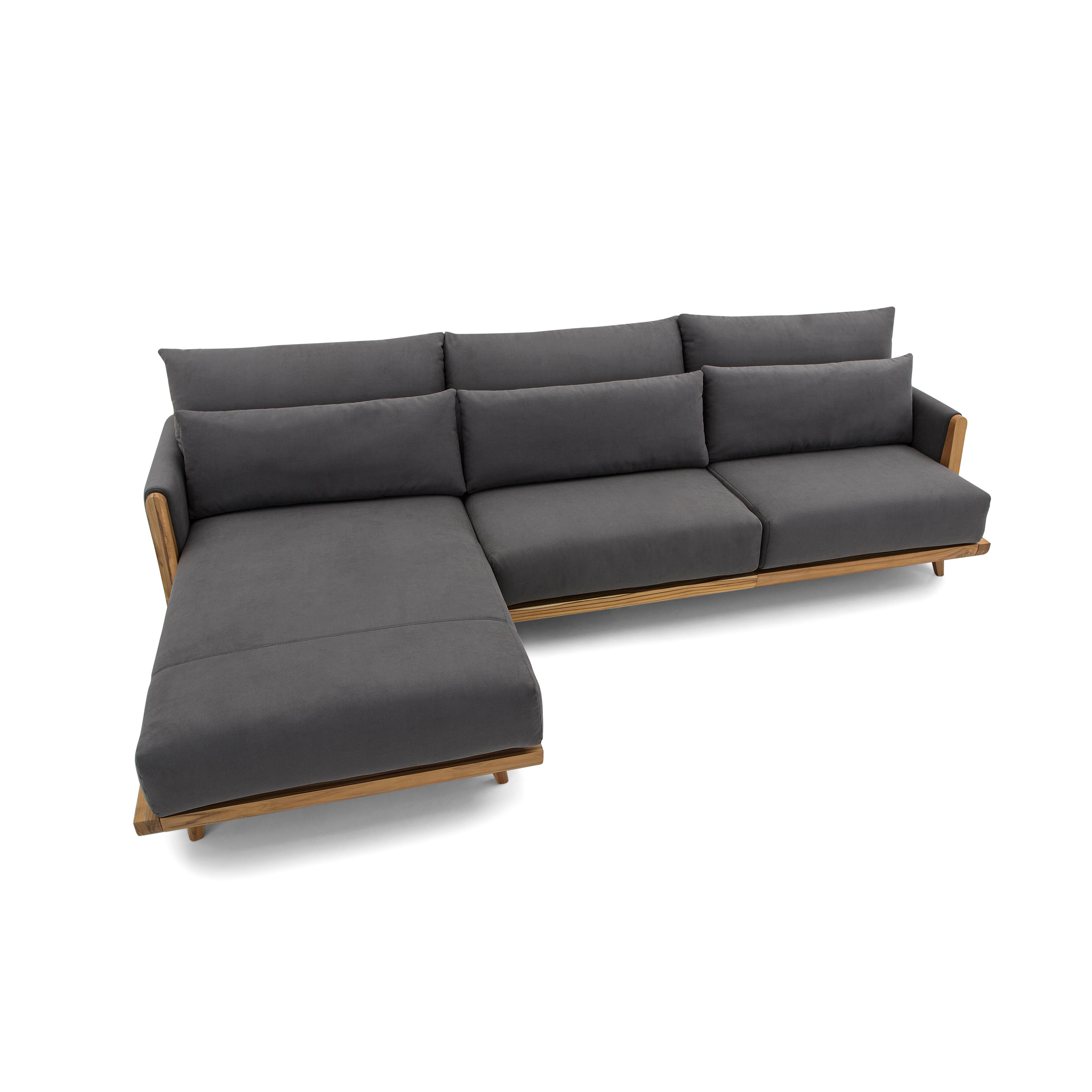 Brazilian High One-Arm Sofa and Chaise in a Gray Fabric w/ Teak Solid Wood Frame For Sale