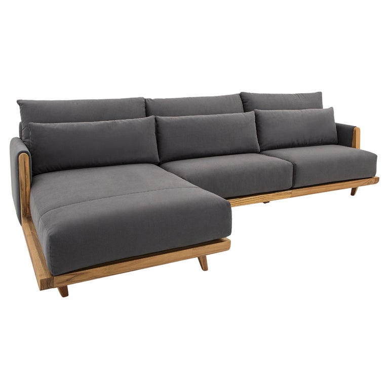 High One-Arm Sofa and Chaise in a Gray Fabric w/ Teak Solid Wood Frame For Sale