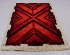 High Pile Rya Rug with Emerald Cut Ruby Motif, by Engel-fabrikerna Sweden 1970s