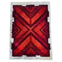 High Pile Rya Rug with Emerald Cut Ruby Motif, by Engel-fabrikerna Sweden 1970s