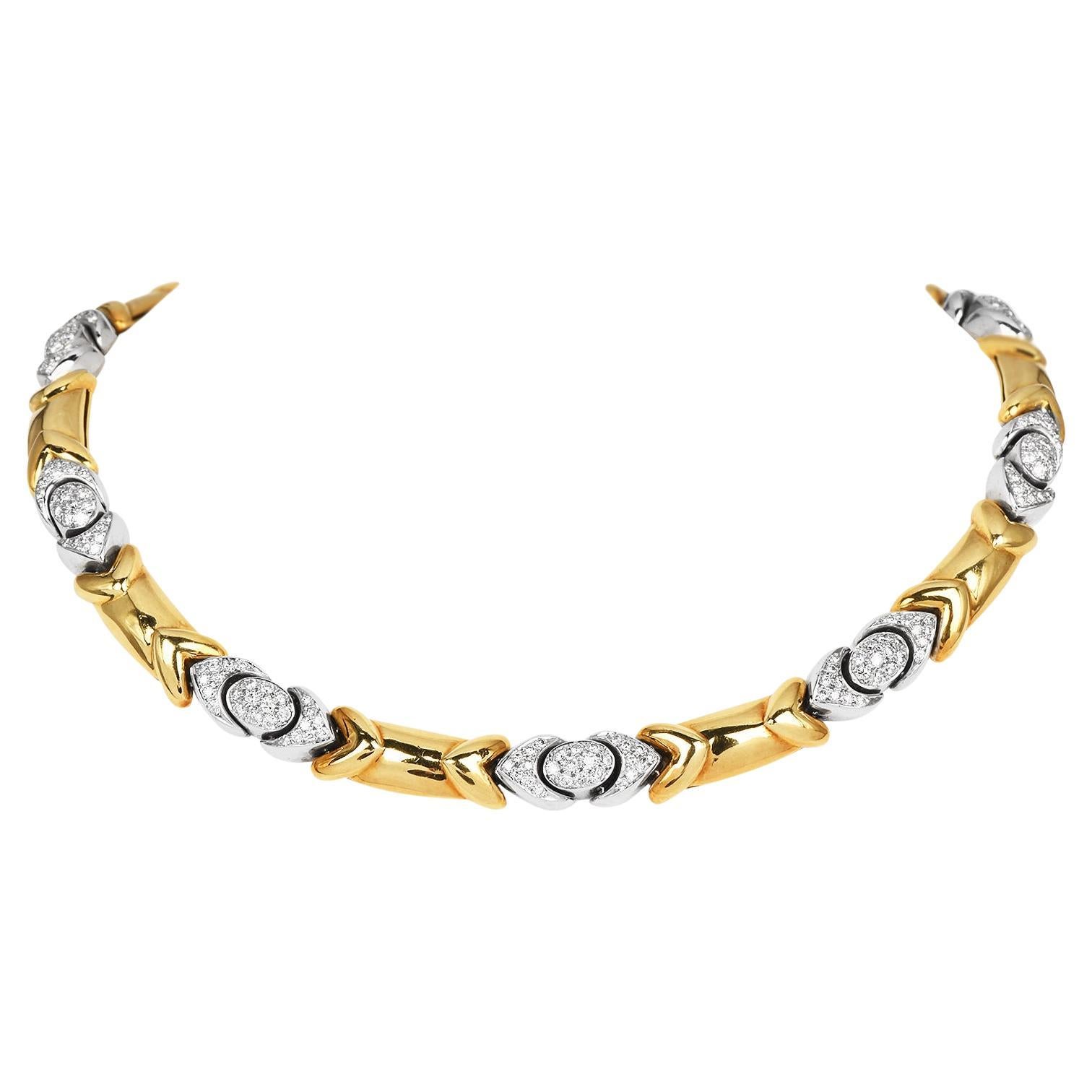High Polish Italian Diamond 18K Yellow White Gold Choker Necklace