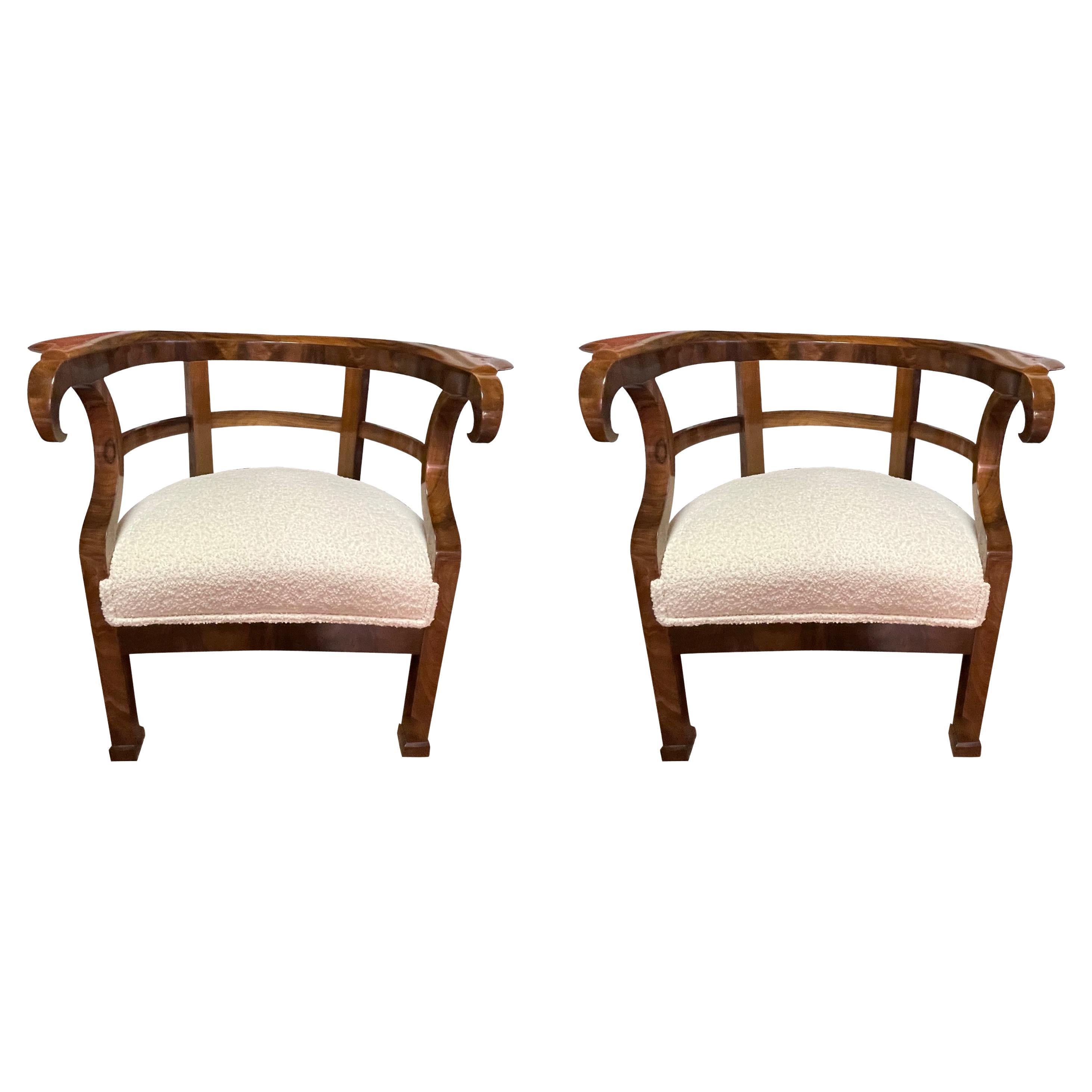 High Polish Mahogany Curved Back, Upholstered Seat Side Chairs, Italian, 1930s