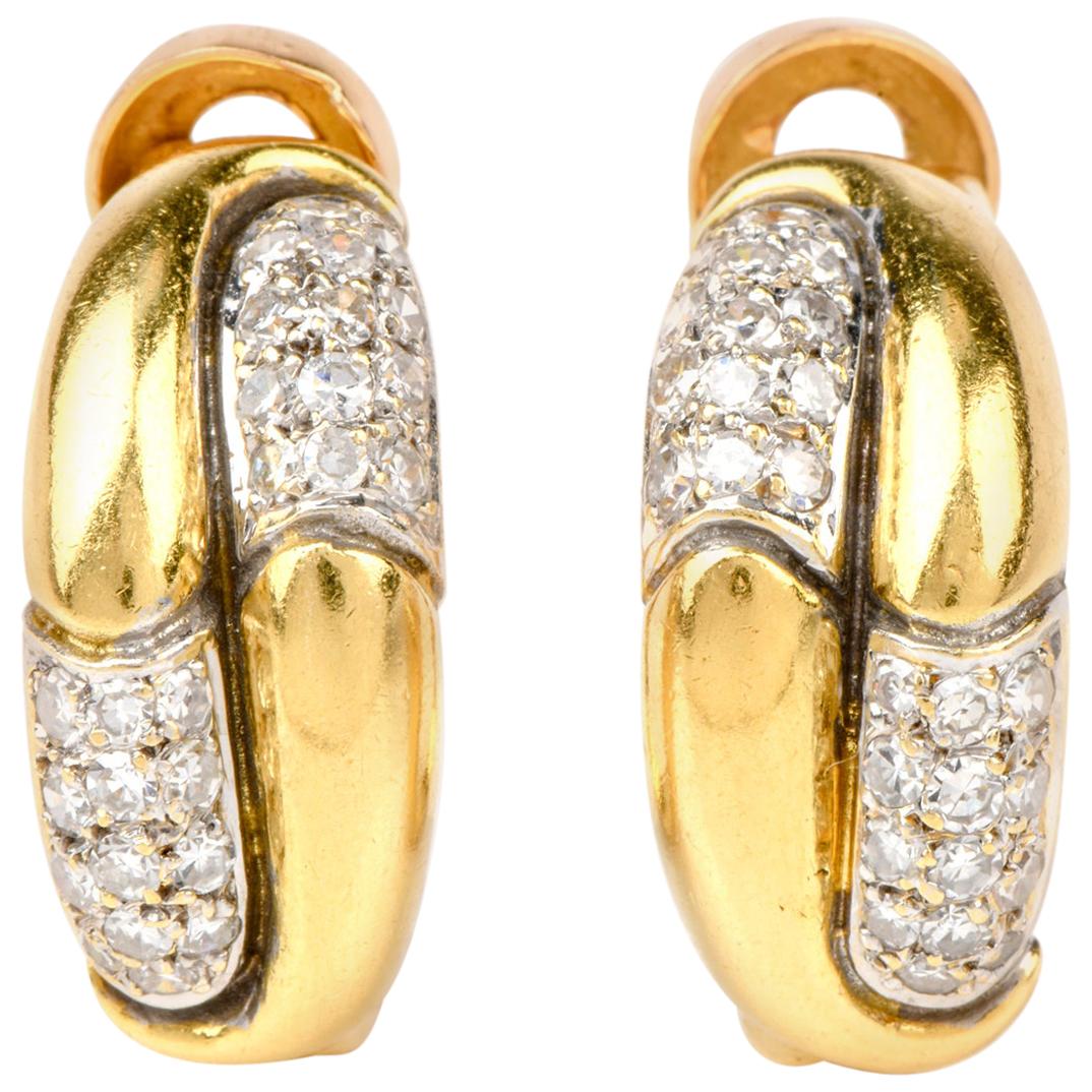 High Polished 18 Karat Gold Diamond Half Hoop Clip-On Earrings