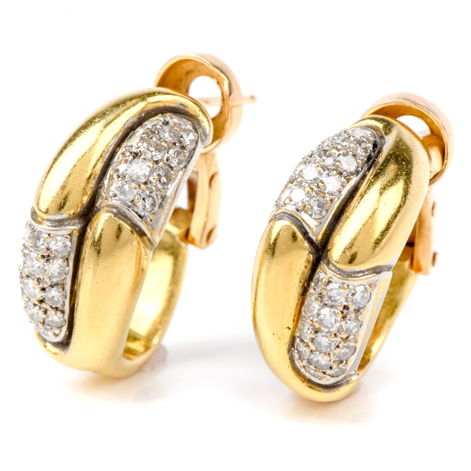 A little of this and a little of that.  

These striking two toned 18K yellow and white gold earrings
Are the perfect compliment to tie your collection together.
Cast in 14.4 grams of 18K gold.
Alternating segments in 
Bright high polished yellow