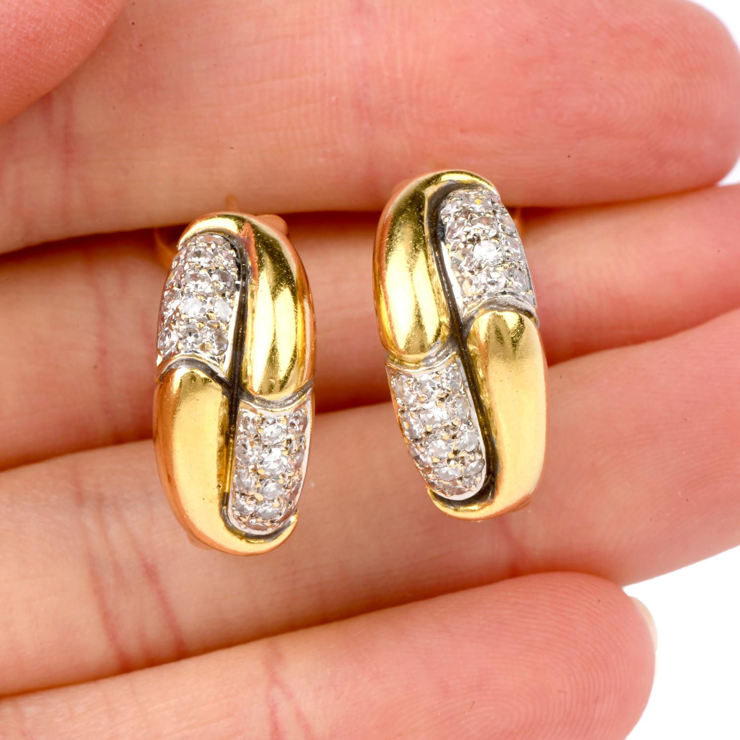 High Polished 18 Karat Gold Diamond Half Hoop Clip-On Earrings In Excellent Condition In Miami, FL