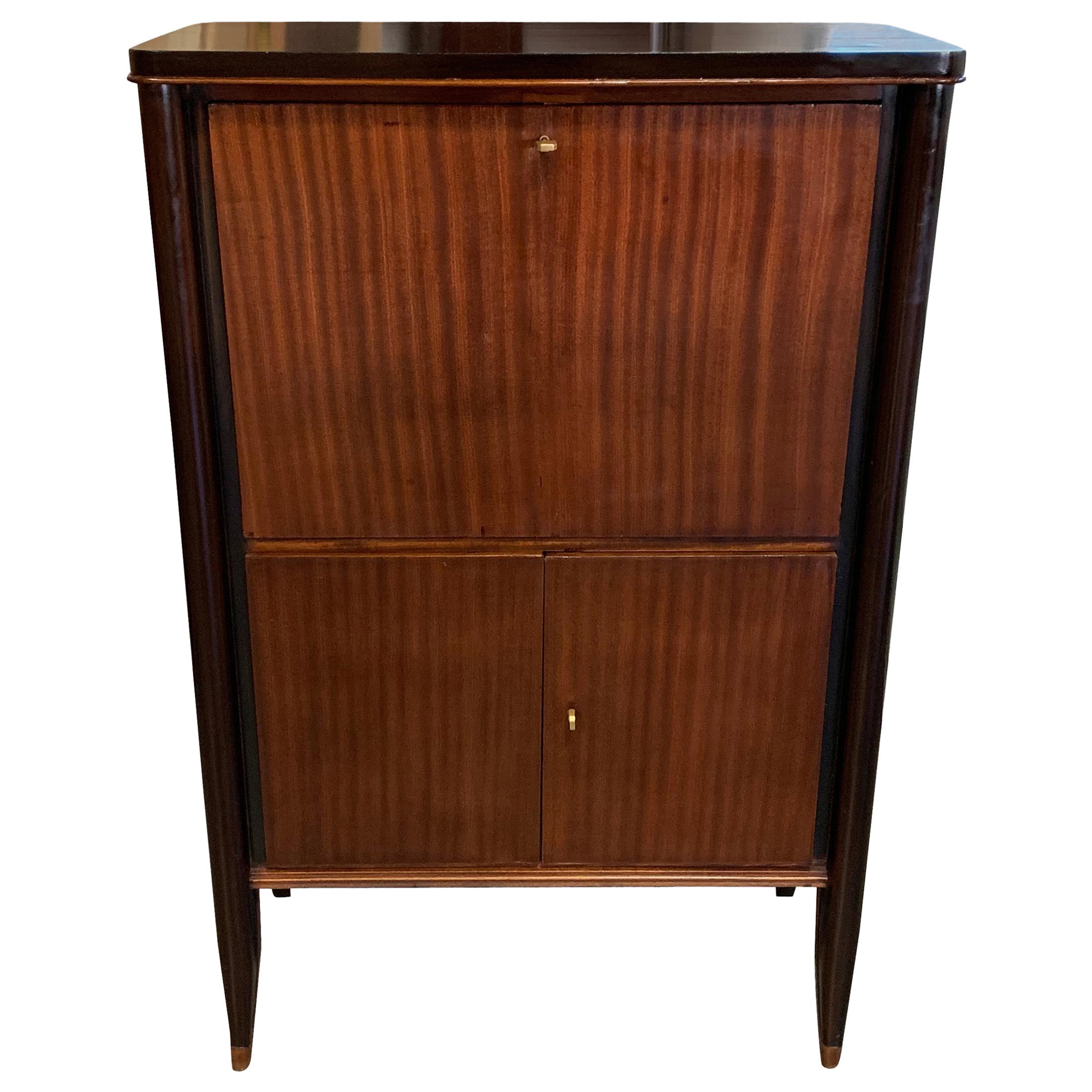 1940s French high polished palisander exterior with ebonized trim fold down desk.
Upper cabinet interior with shelves and small door with interior compartment.
Bottom two doors with interior shelves.
 