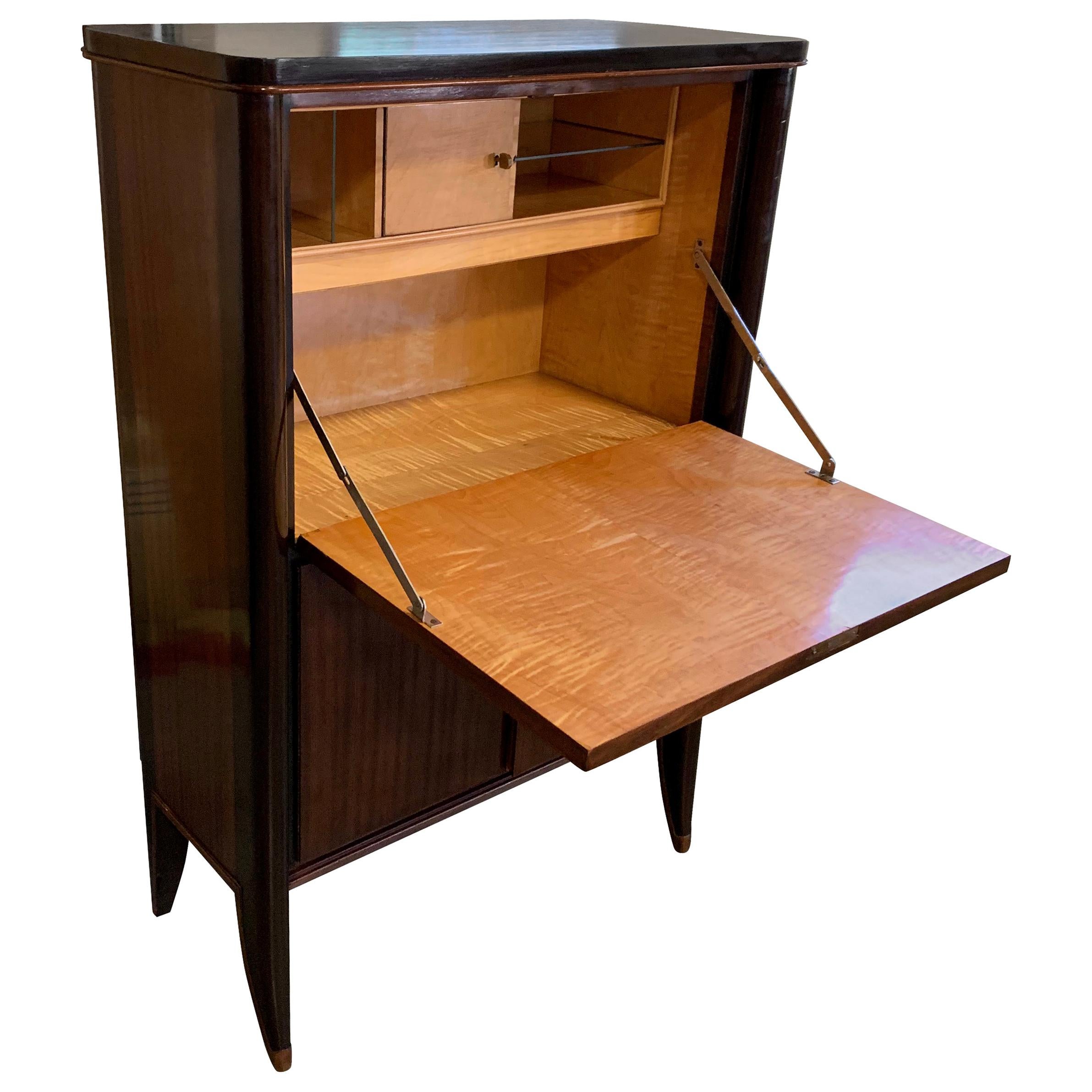 High Polished Palisander with Ebonized Trim Fold Down Desk, France, 1940s