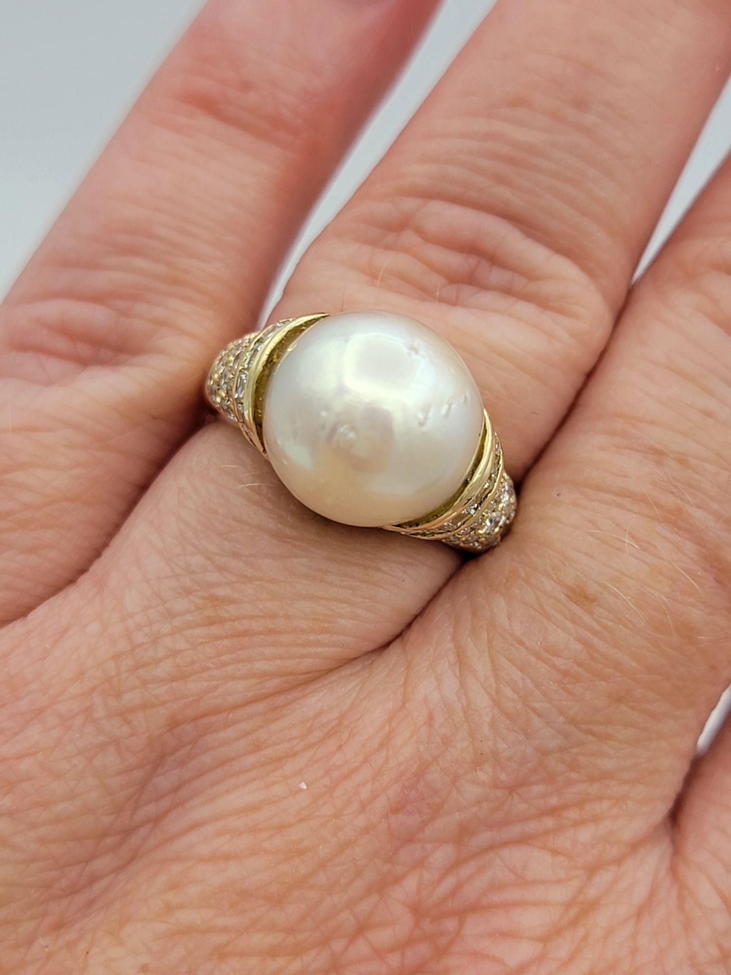 High Profile Pearl Cocktail Ring with Pavé Diamond Accents 14 Karat Yellow Gold For Sale 4